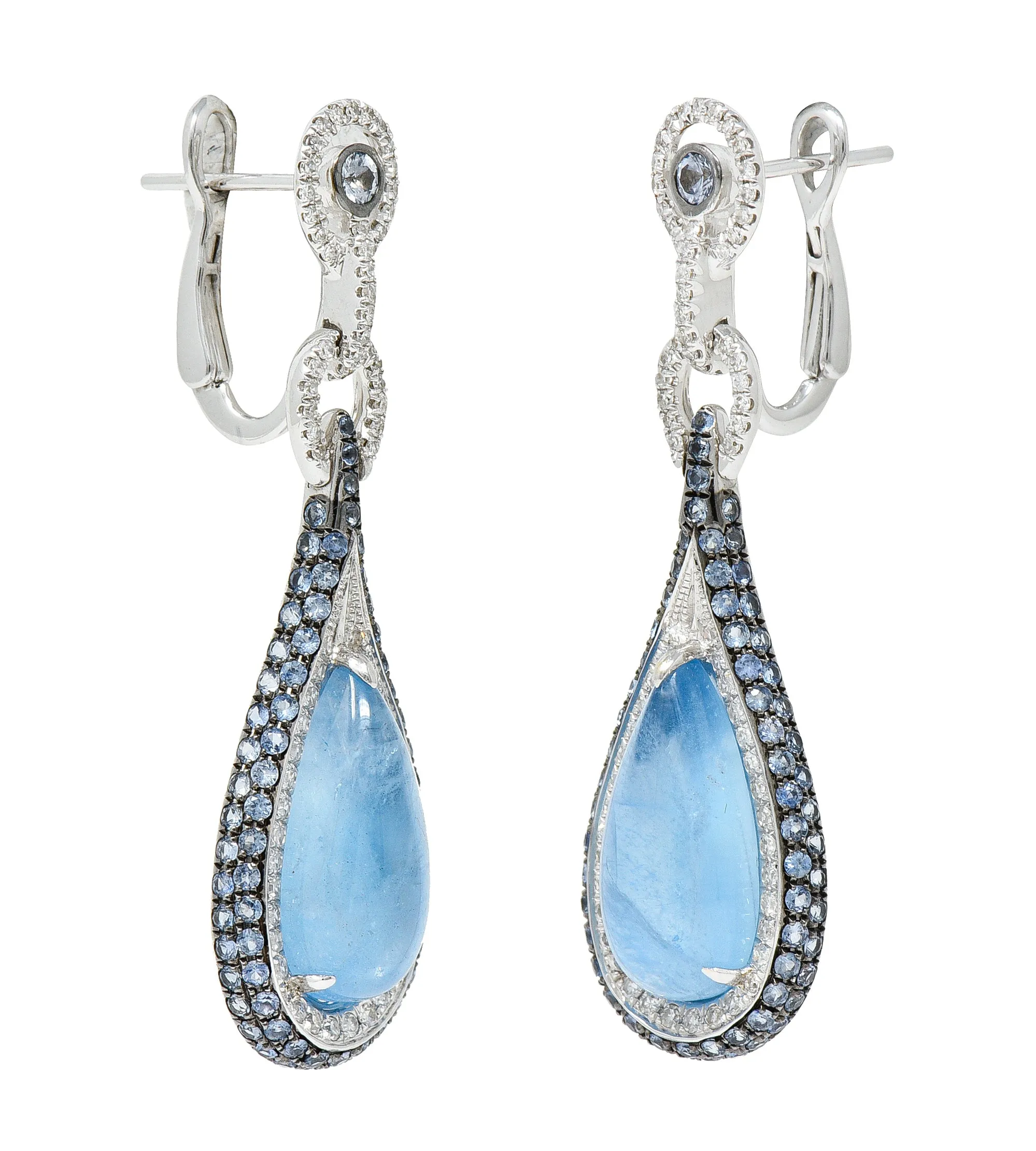 Contemporary 13.00 CTW Aquamarine Sapphire Diamond 18 Karat White Gold Drop Earrings