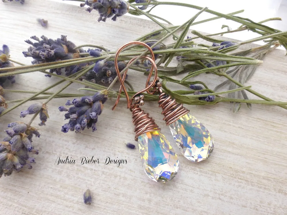 Copper Wire Wrapped, Swarovski Teardrop Crystal AB earrings.