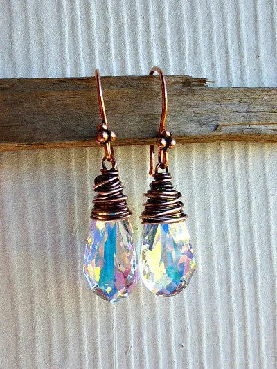 Copper Wire Wrapped, Swarovski Teardrop Crystal AB earrings.