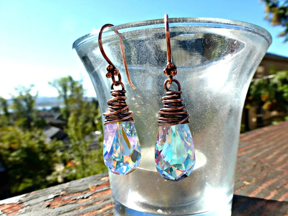 Copper Wire Wrapped, Swarovski Teardrop Crystal AB earrings.