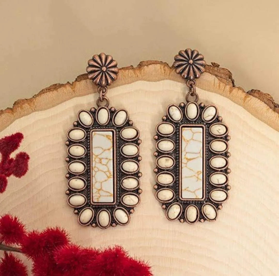 Cream Rectangle Concho Earrings with copper stud post