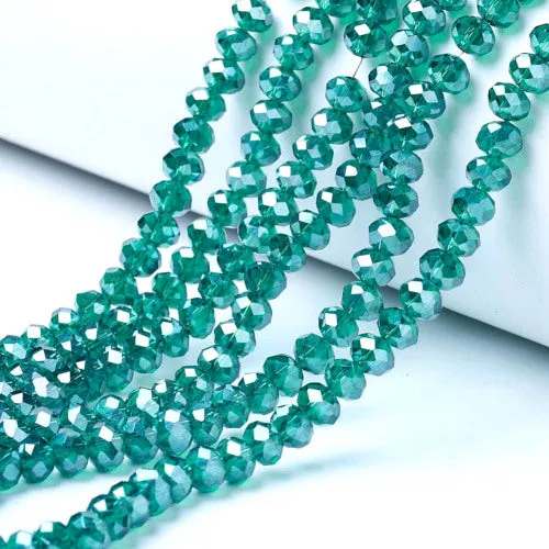 Crystal Glass Beads, Electroplated, Rondelle, Faceted, Pearl Luster, Dark Cyan, 4mm