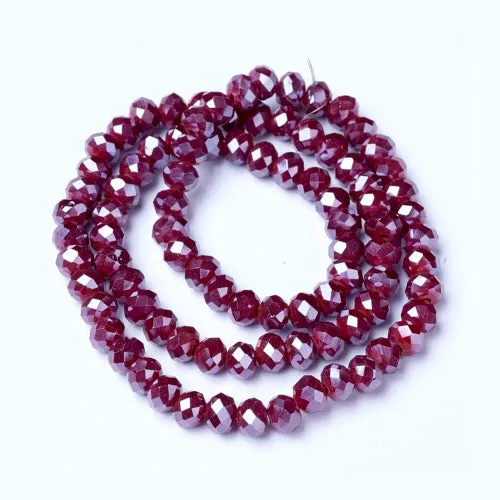 Crystal Glass Beads, Electroplated, Rondelle, Faceted, Pearl Luster, Dark Red, 4mm