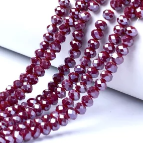 Crystal Glass Beads, Electroplated, Rondelle, Faceted, Pearl Luster, Dark Red, 4mm