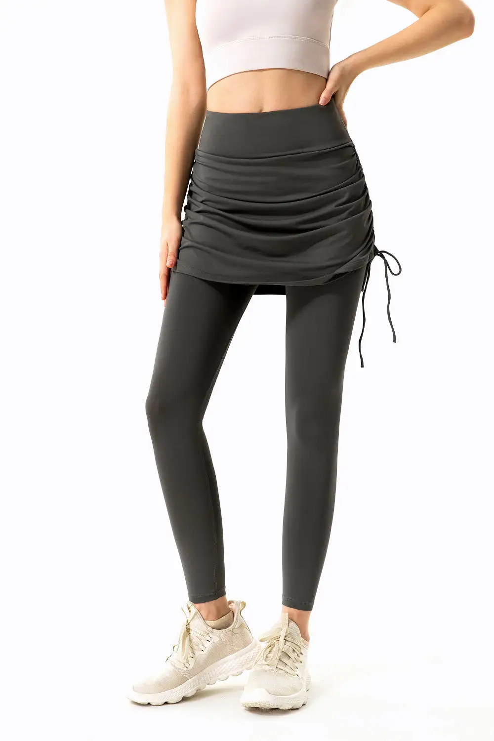 Drawstring Ruched Faux Layered Yoga Leggings