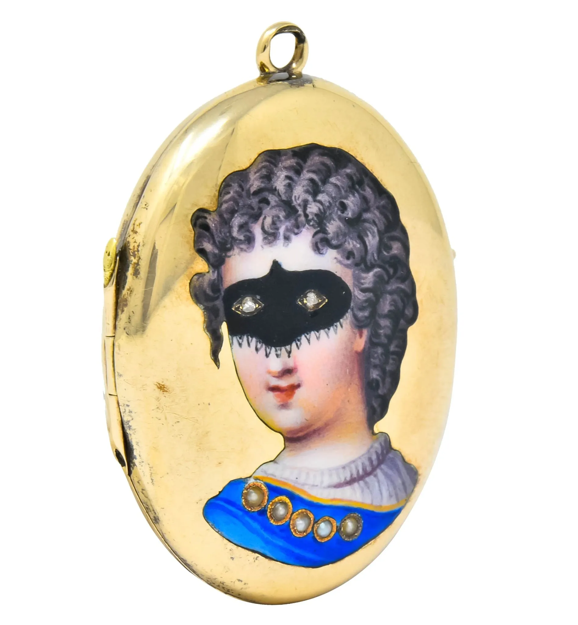 Early Victorian Enamel Rose Cut Diamond 14 Karat Gold Masquerade Mourning Locket Pendant