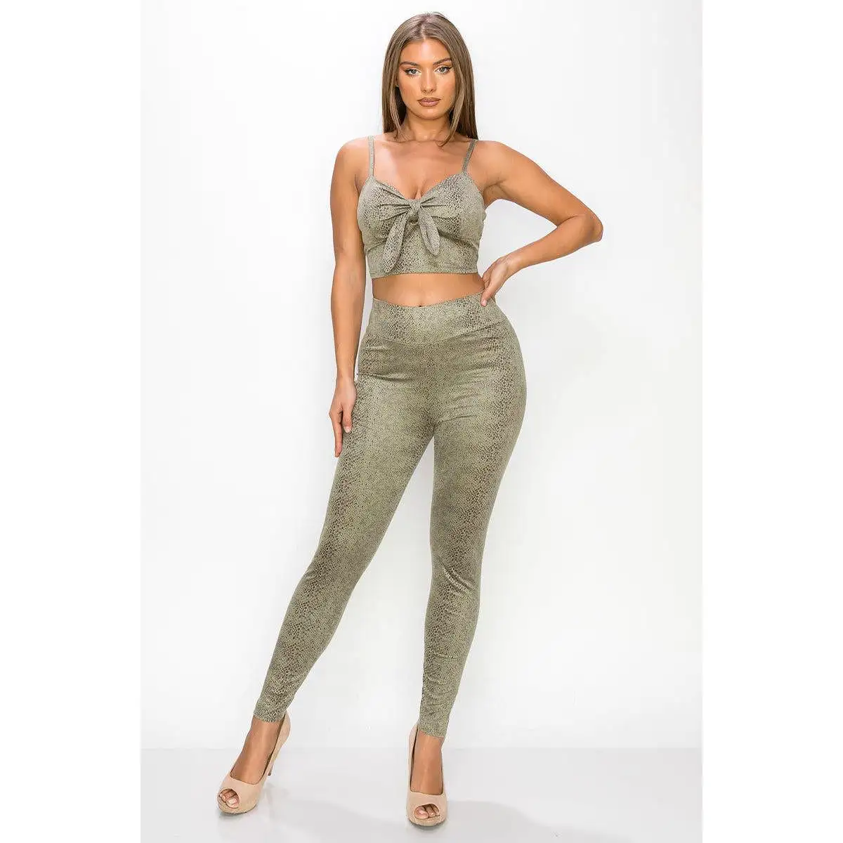 Embossed Snake Print Top And Leggings Set