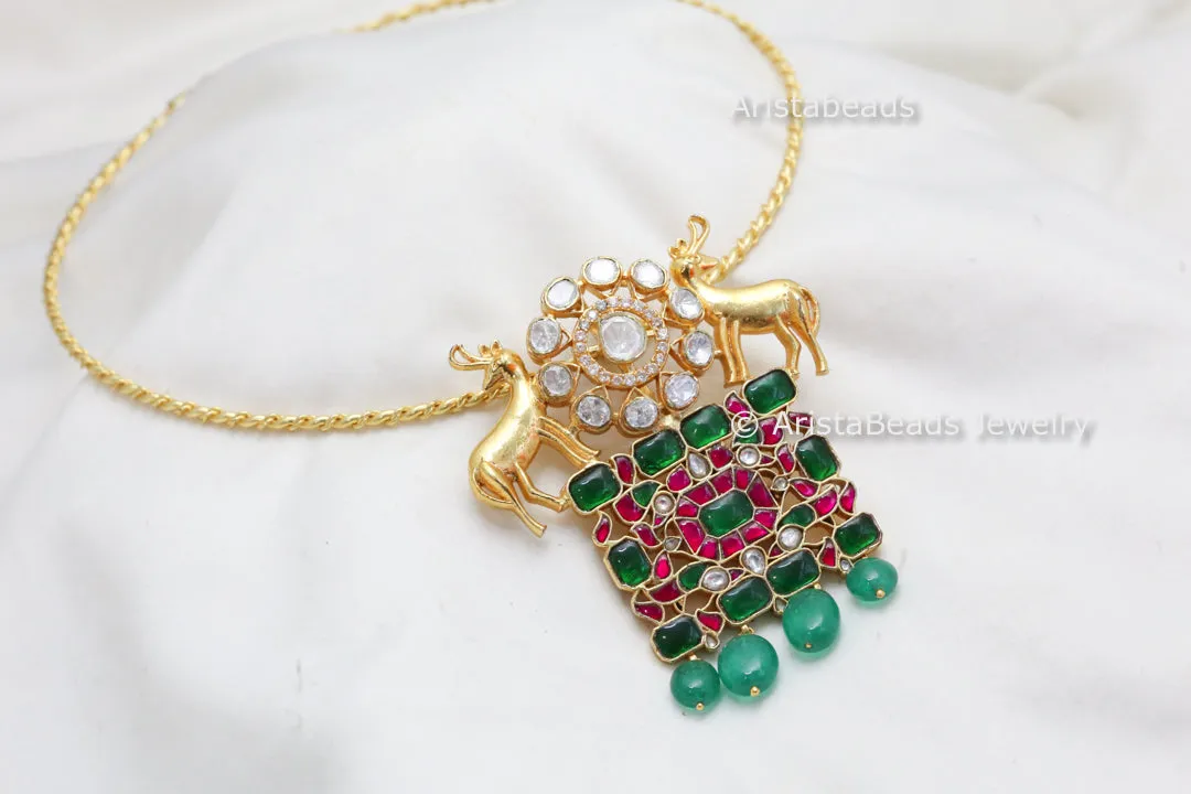 Fusion Jadau & Moissanite Pendant Hasli Necklace