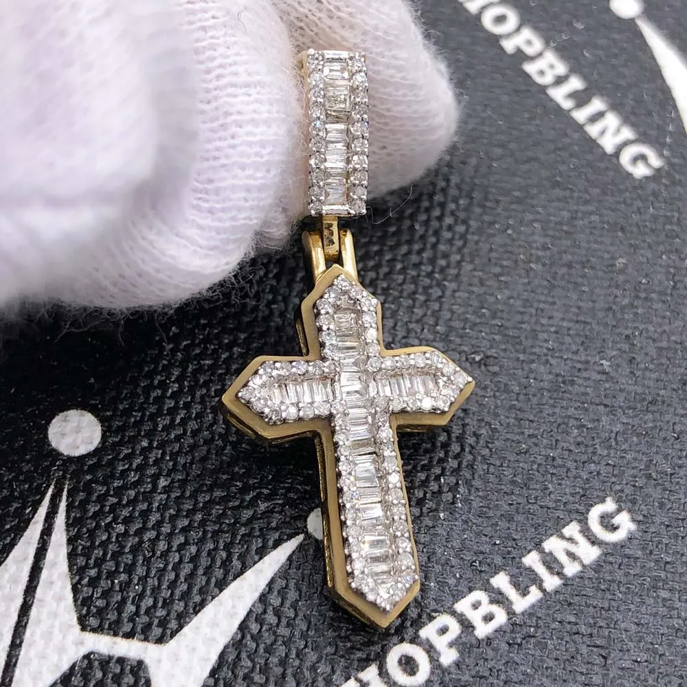 Glow in Dark Taper Cross Baguette Diamond Pendant .52cttw 10K Yellow Gold