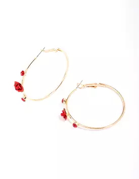 Gold Pearlised Red Rose Hoop Earrings