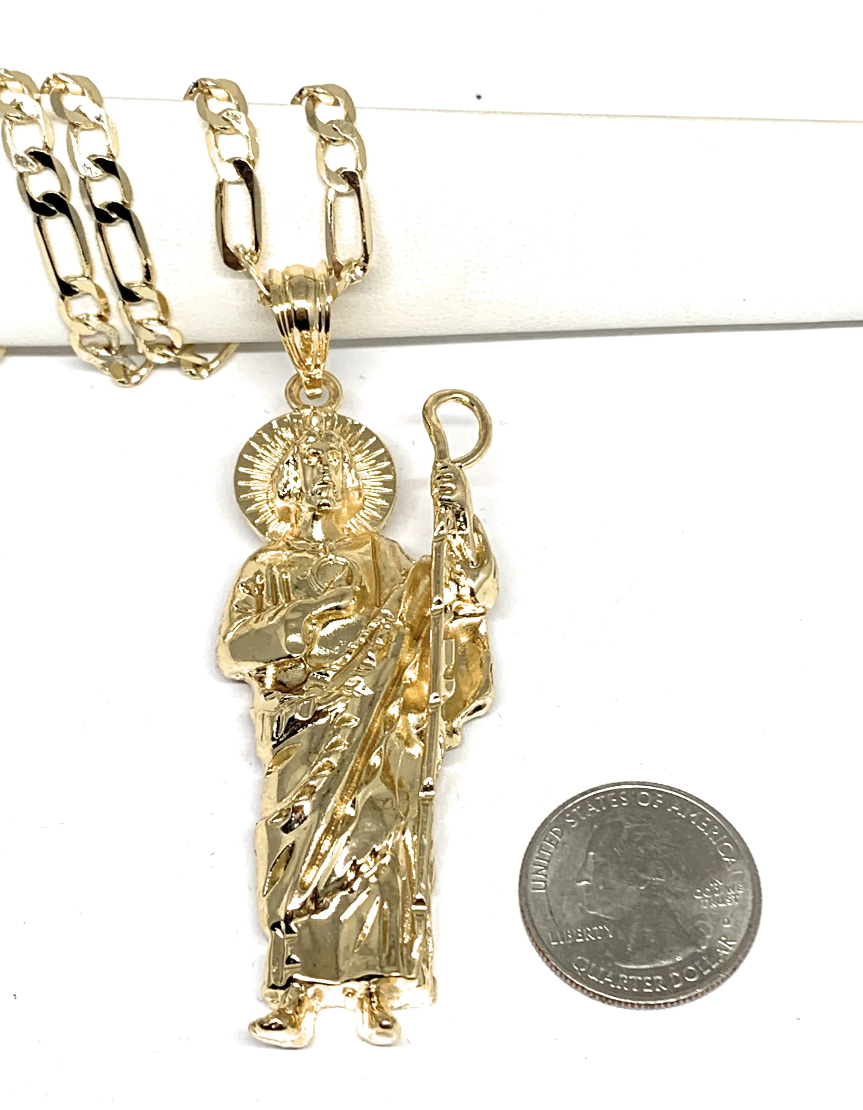 Gold Plated Big Saint Jude Pendant Necklace Figaro 26 San Judas Tadeo Medalla XL Cadena Oro