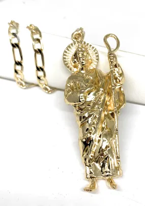 Gold Plated Big Saint Jude Pendant Necklace Figaro 26 San Judas Tadeo Medalla XL Cadena Oro