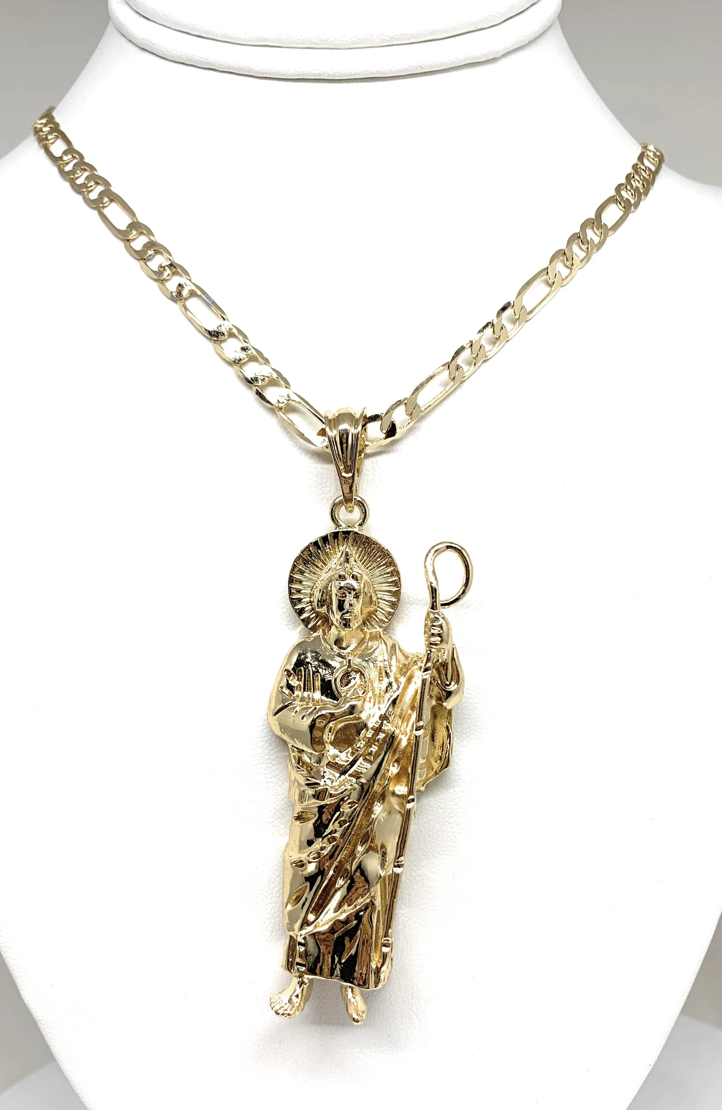 Gold Plated Big Saint Jude Pendant Necklace Figaro 26 San Judas Tadeo Medalla XL Cadena Oro