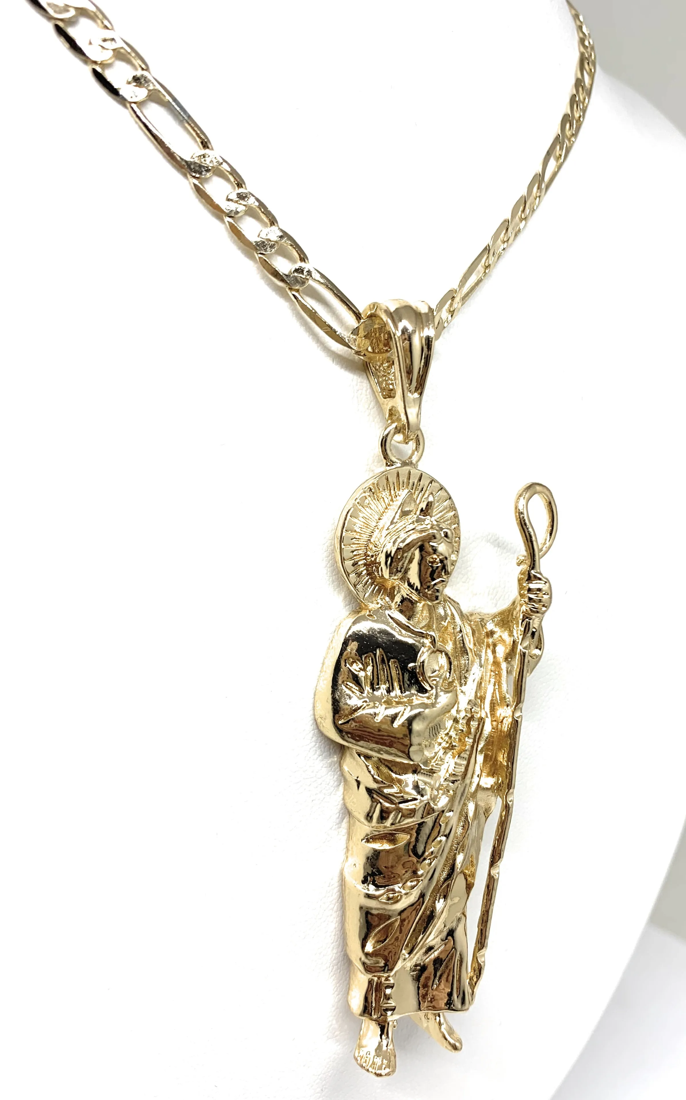 Gold Plated Big Saint Jude Pendant Necklace Figaro 26 San Judas Tadeo Medalla XL Cadena Oro