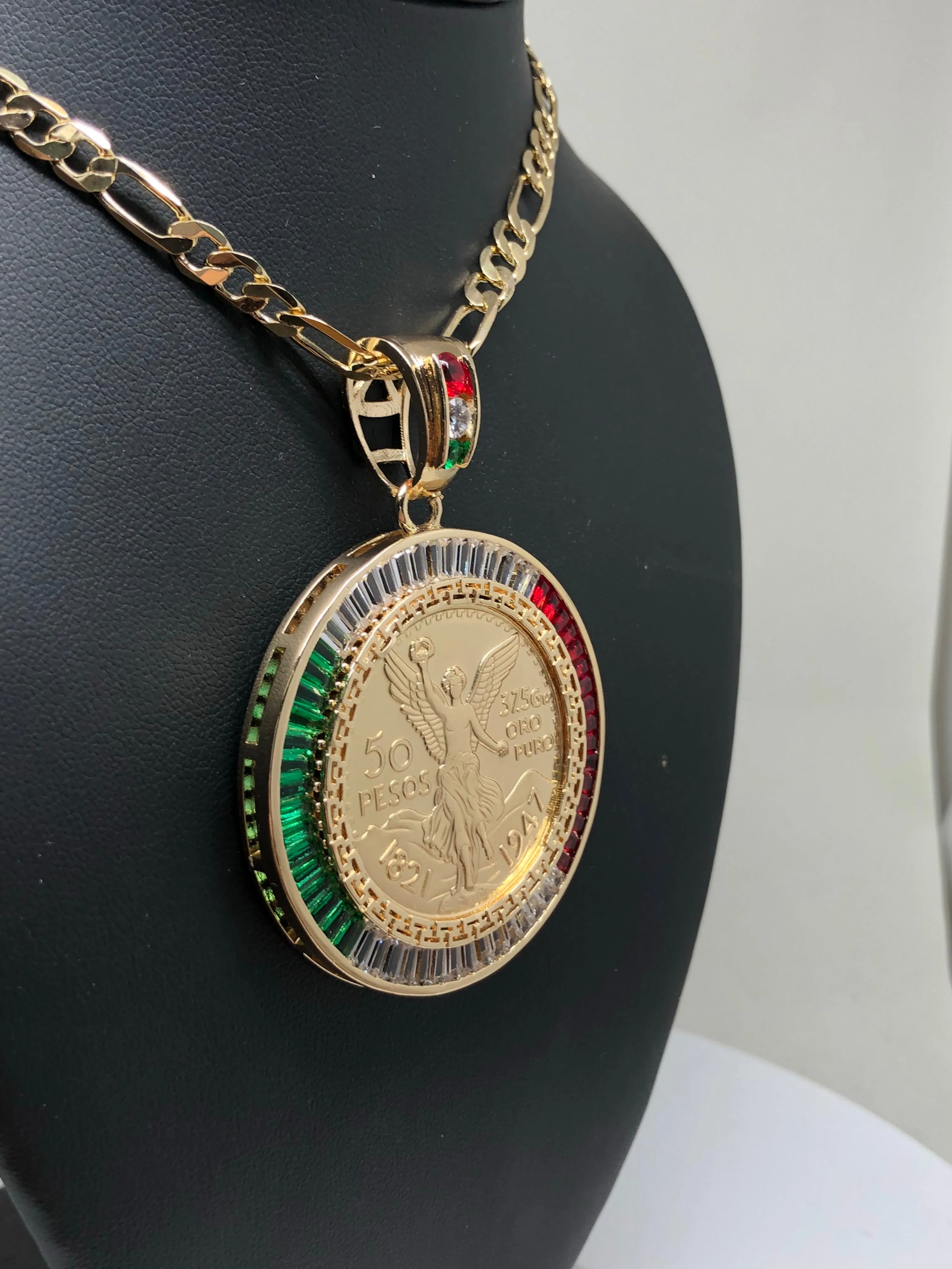 Gold Plated Coin Centenario Mexicano Moneda 50 Pesos Pendant Chain CZ Oro Cadena 26