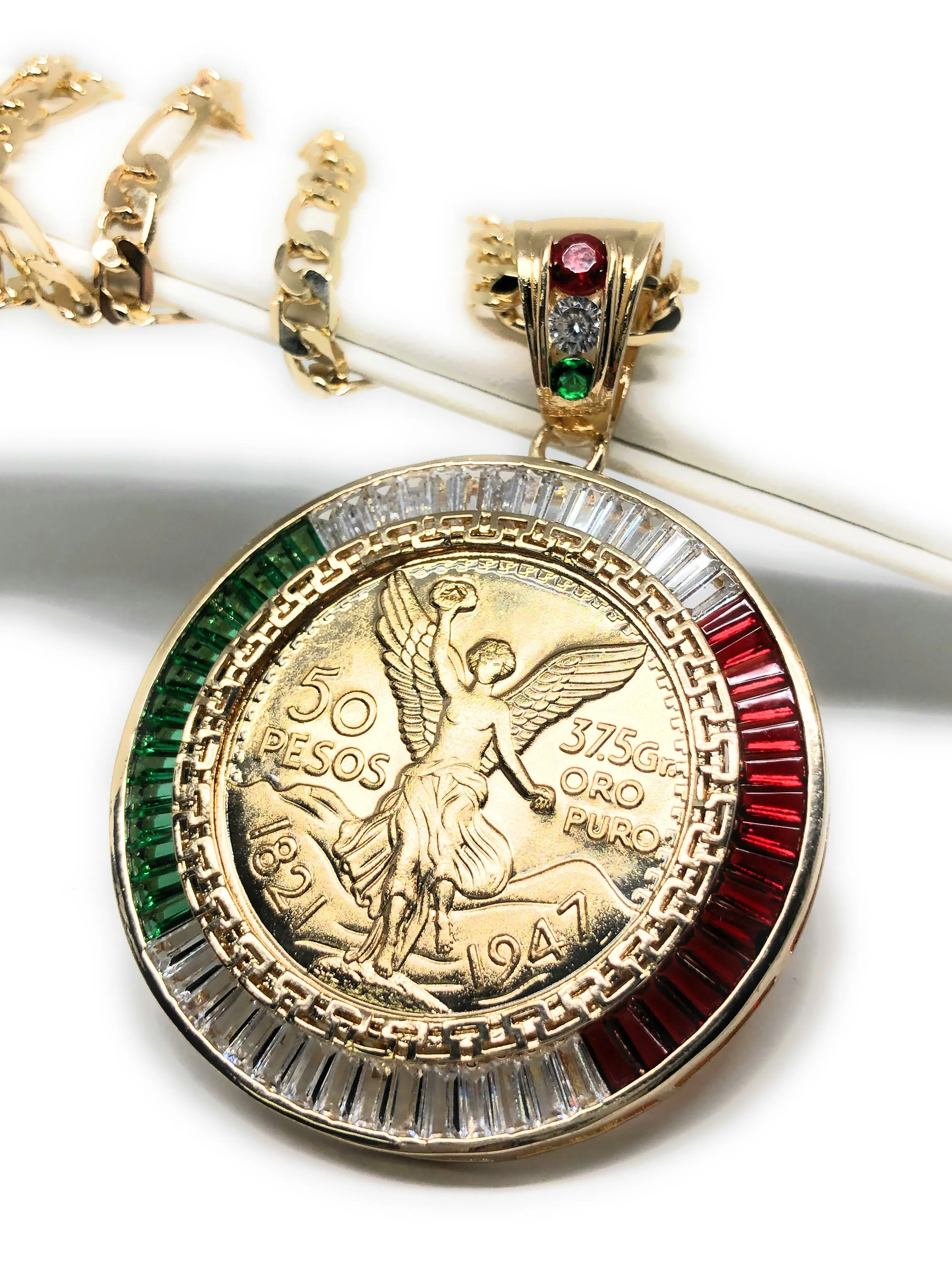 Gold Plated Coin Centenario Mexicano Moneda 50 Pesos Pendant Chain CZ Oro Cadena 26