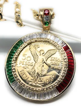 Gold Plated Coin Centenario Mexicano Moneda 50 Pesos Pendant Chain CZ Oro Cadena 26