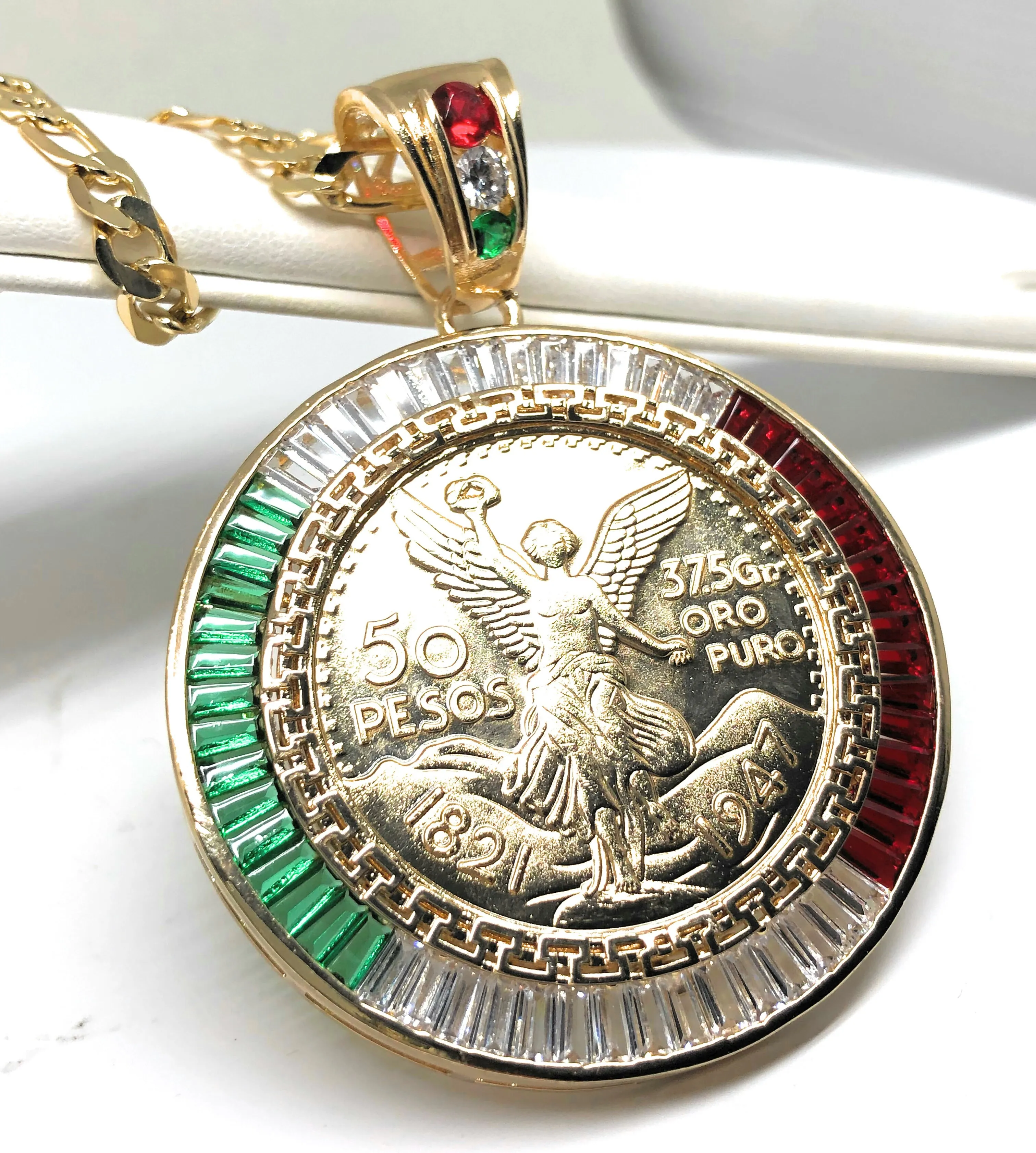 Gold Plated Coin Centenario Mexicano Moneda 50 Pesos Pendant Chain CZ Oro Cadena 26