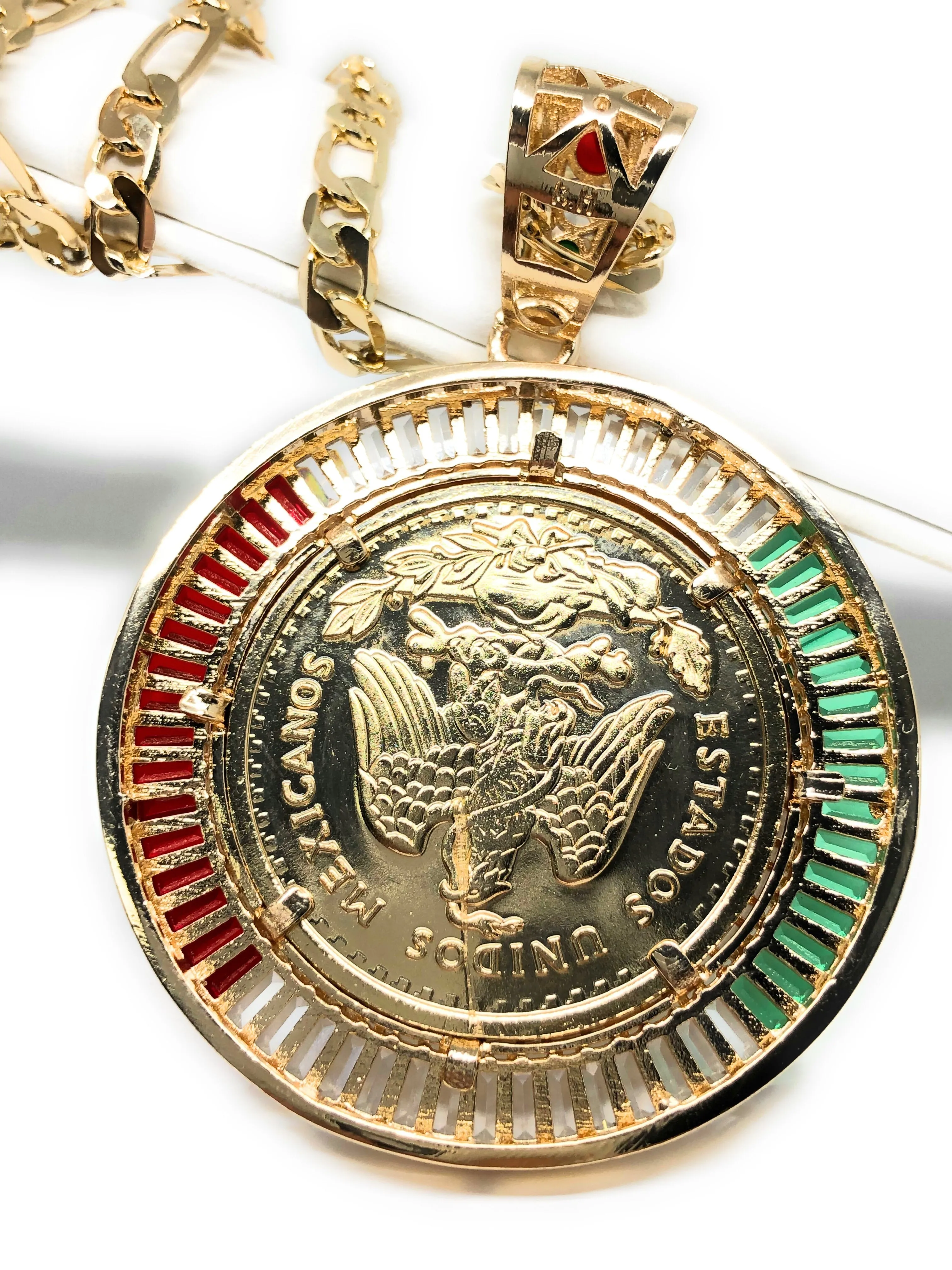 Gold Plated Coin Centenario Mexicano Moneda 50 Pesos Pendant Chain CZ Oro Cadena 26