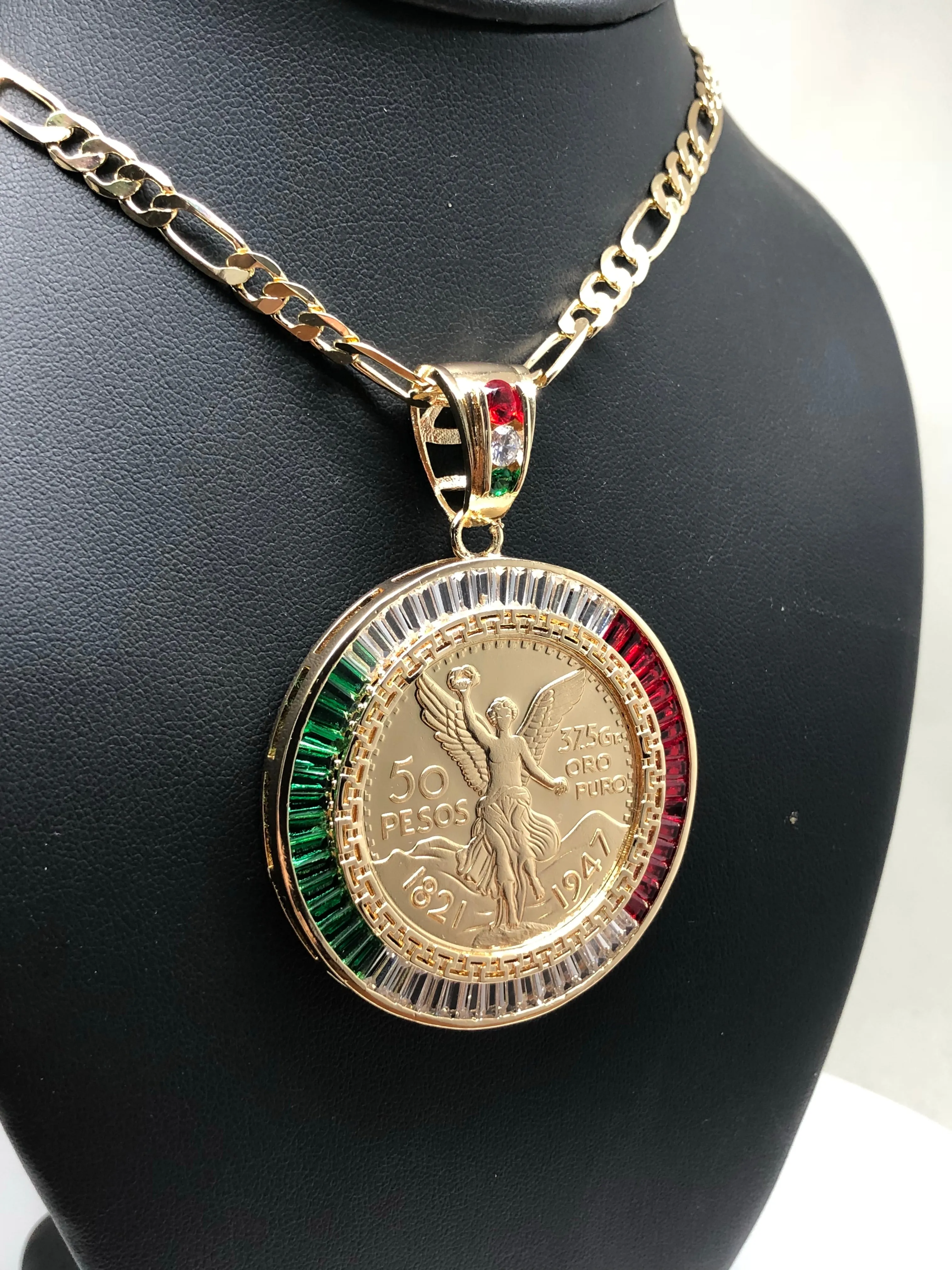 Gold Plated Coin Centenario Mexicano Moneda 50 Pesos Pendant Chain CZ Oro Cadena 26