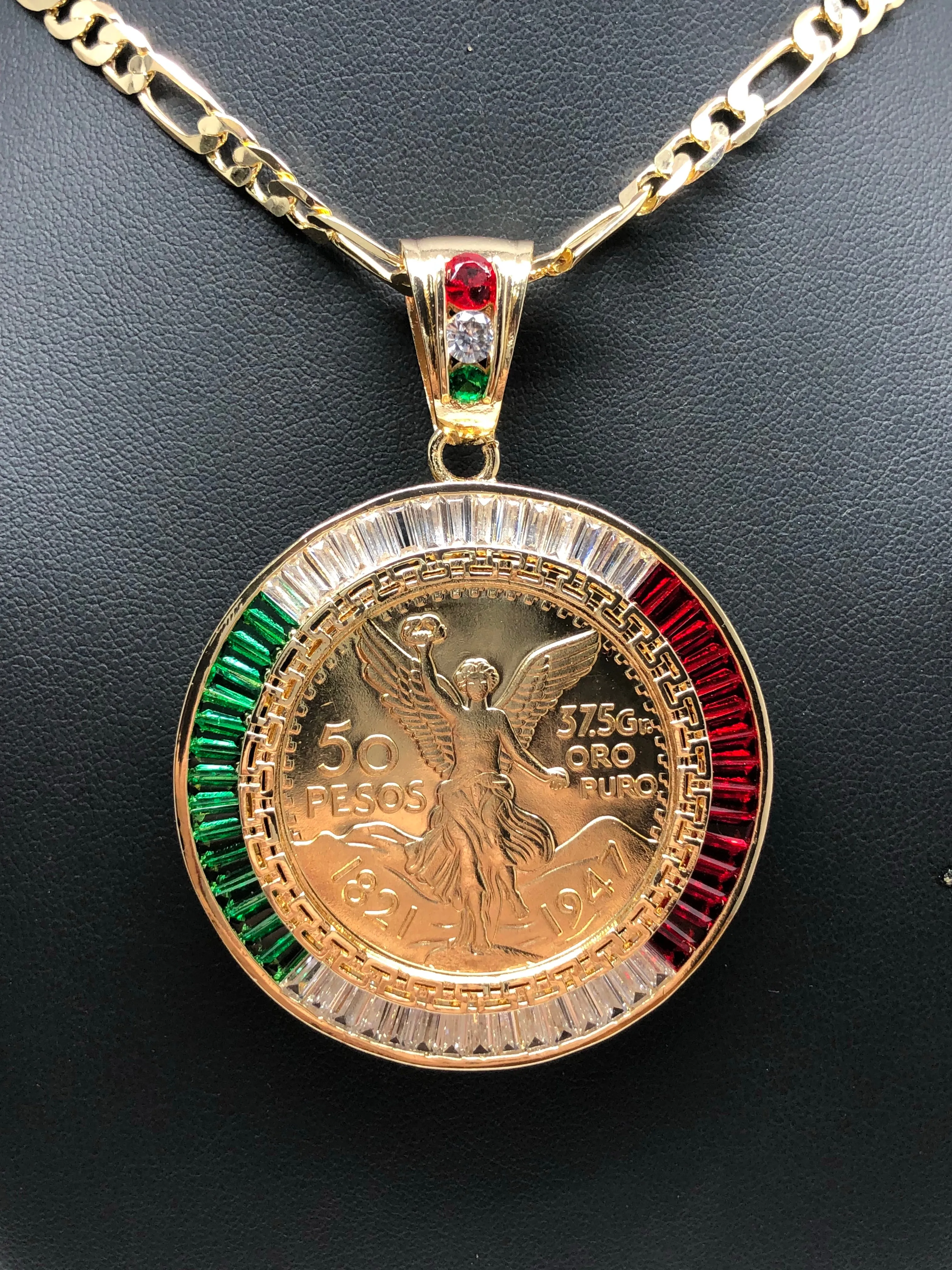 Gold Plated Coin Centenario Mexicano Moneda 50 Pesos Pendant Chain CZ Oro Cadena 26