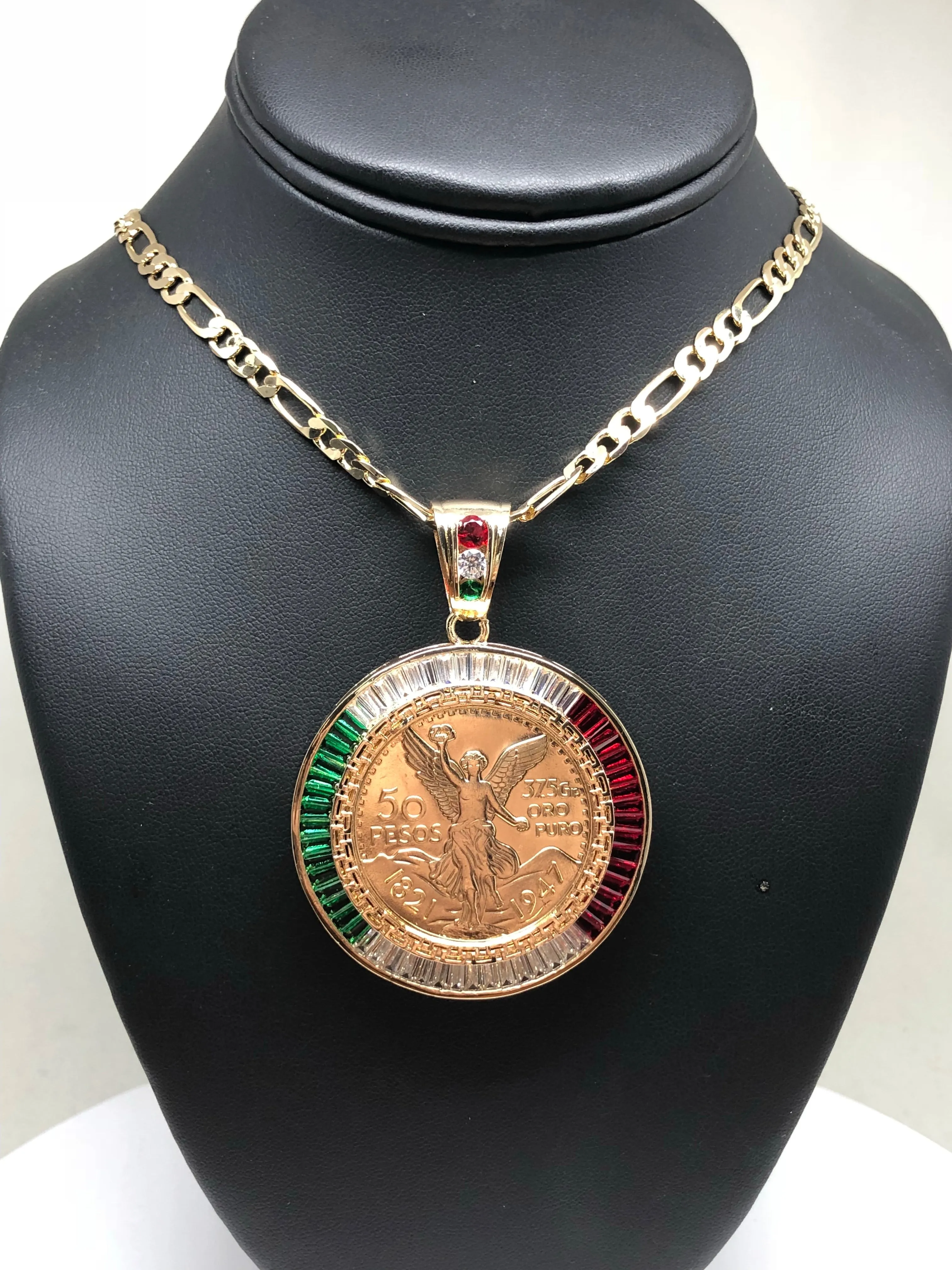 Gold Plated Coin Centenario Mexicano Moneda 50 Pesos Pendant Chain CZ Oro Cadena 26