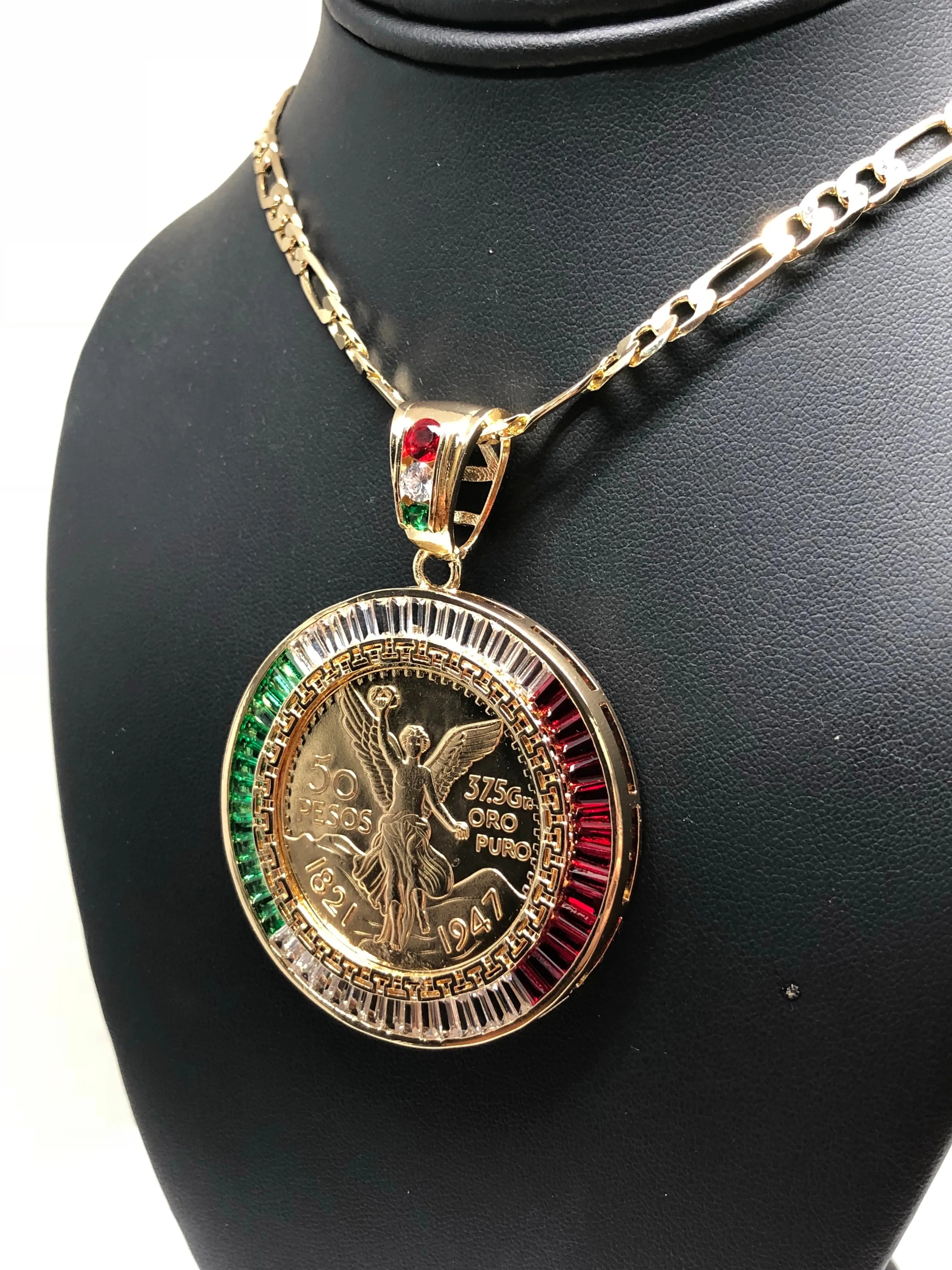 Gold Plated Coin Centenario Mexicano Moneda 50 Pesos Pendant Chain CZ Oro Cadena 26