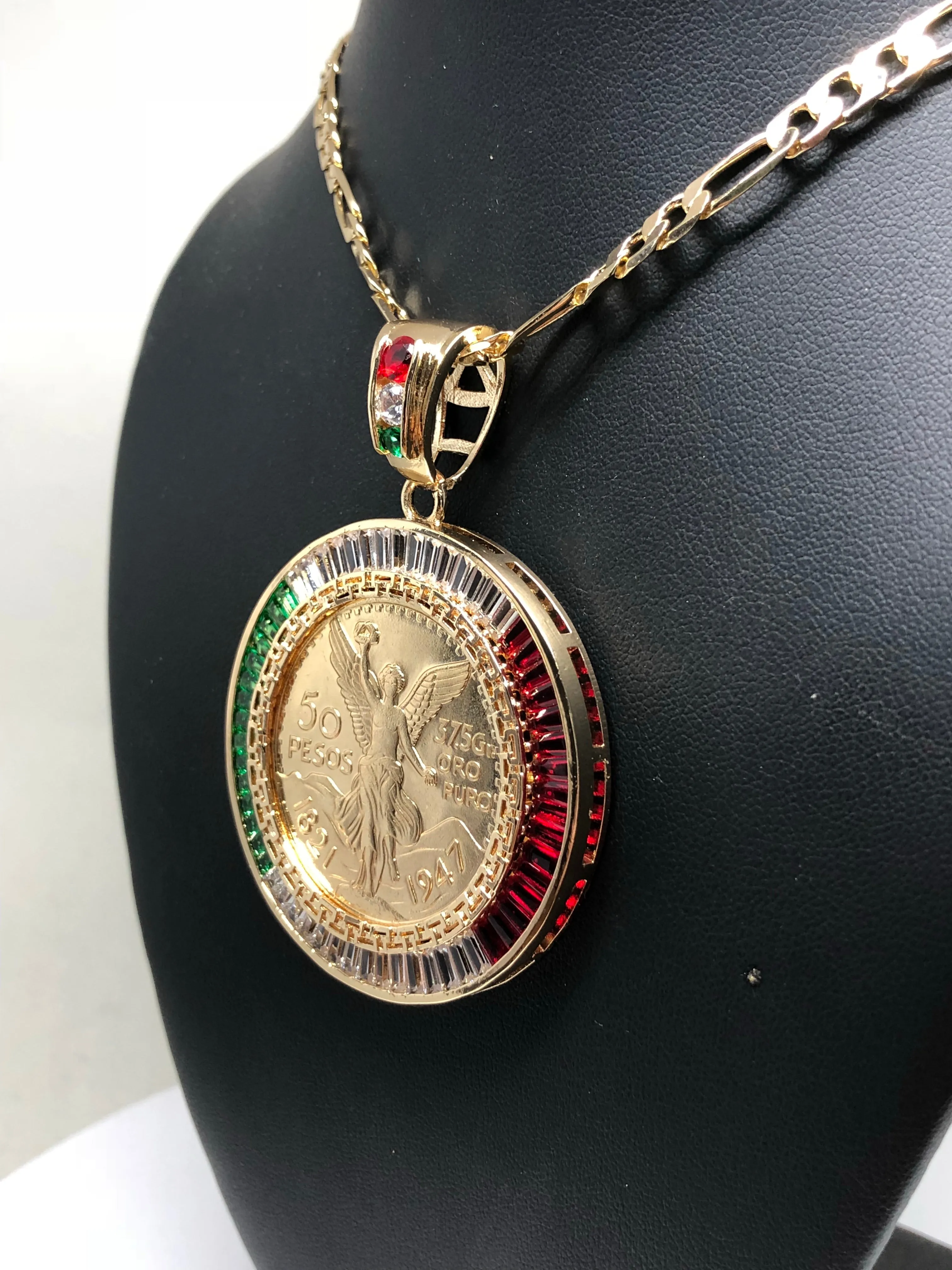 Gold Plated Coin Centenario Mexicano Moneda 50 Pesos Pendant Chain CZ Oro Cadena 26