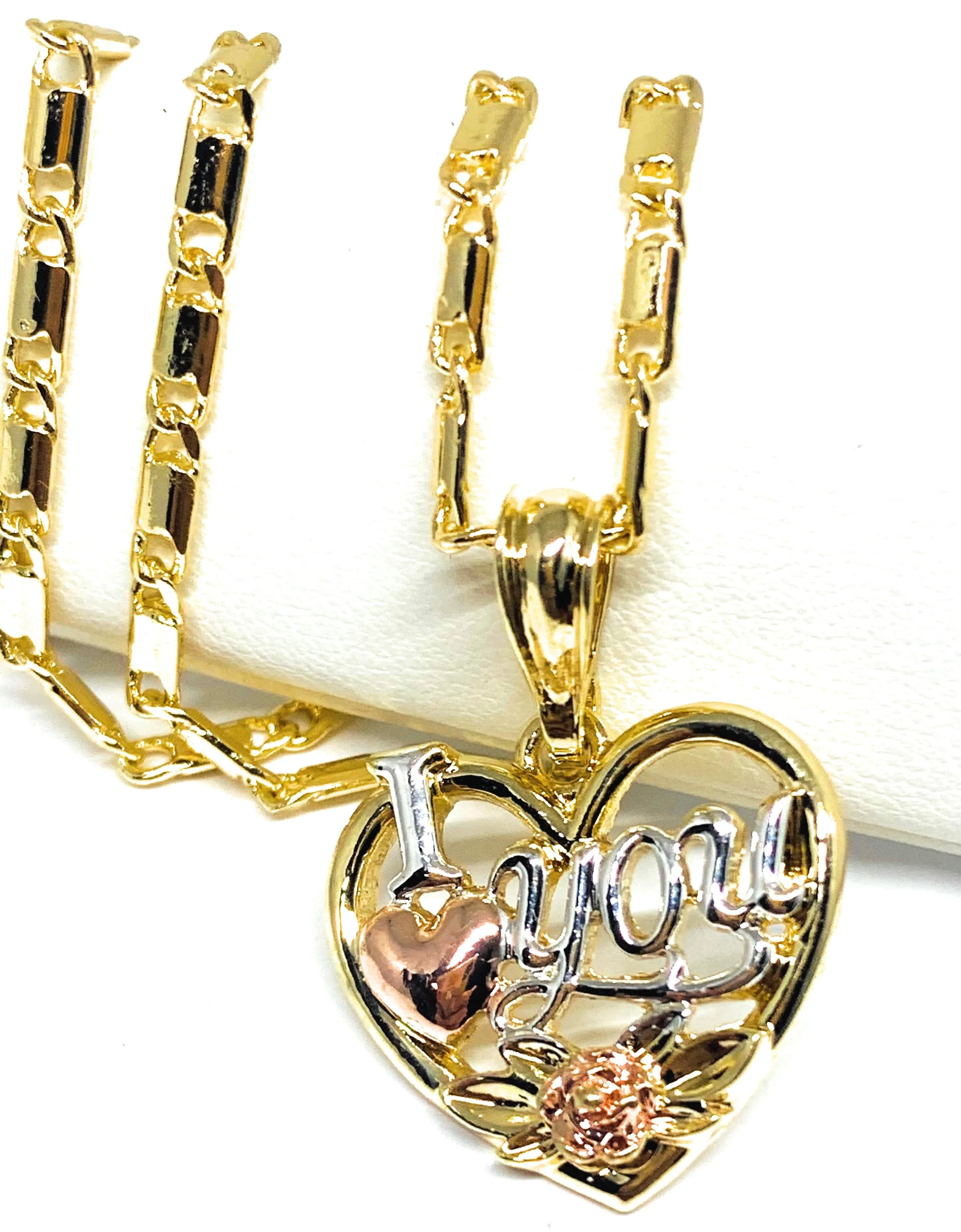 Gold Plated Heart I Love you Rose Pendant Necklace Chain 24” Corazón Medalla