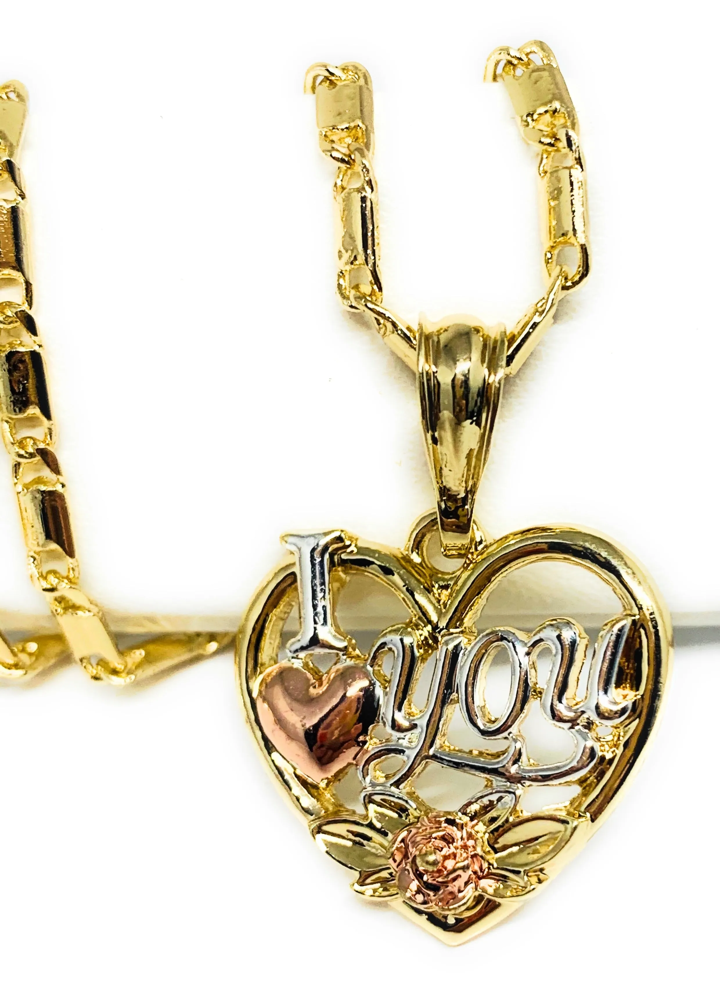 Gold Plated Heart I Love you Rose Pendant Necklace Chain 24” Corazón Medalla