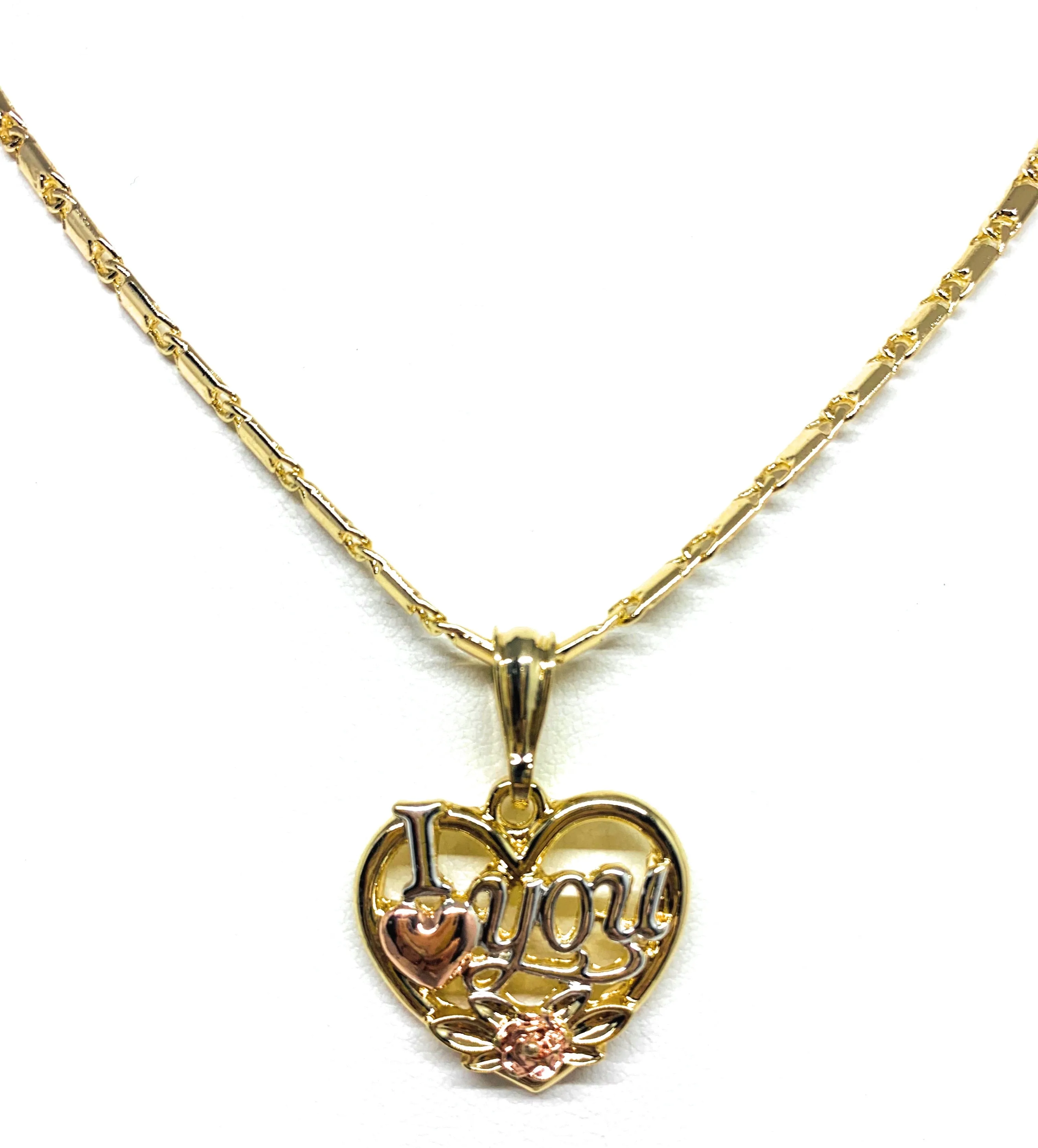 Gold Plated Heart I Love you Rose Pendant Necklace Chain 24” Corazón Medalla