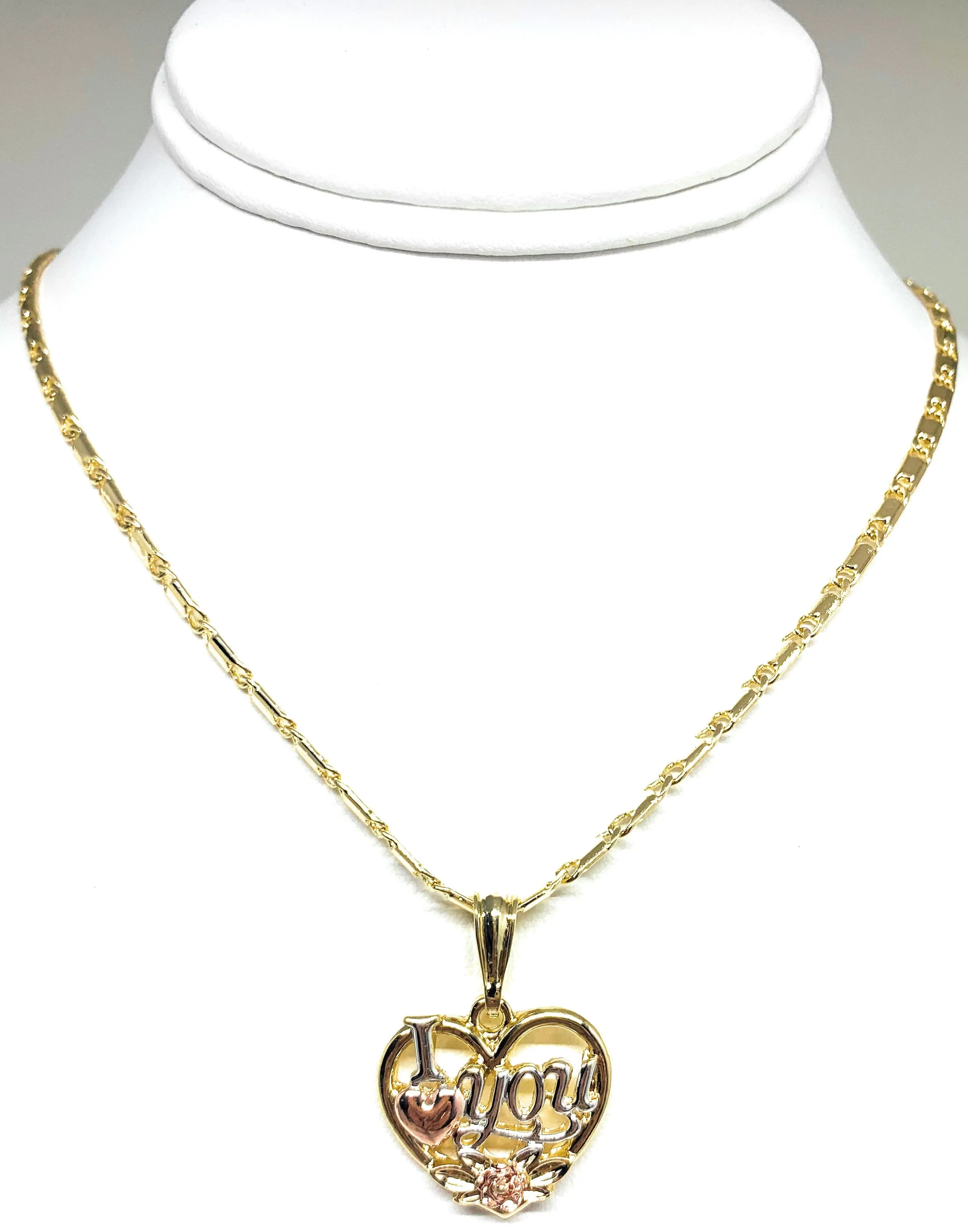 Gold Plated Heart I Love you Rose Pendant Necklace Chain 24” Corazón Medalla