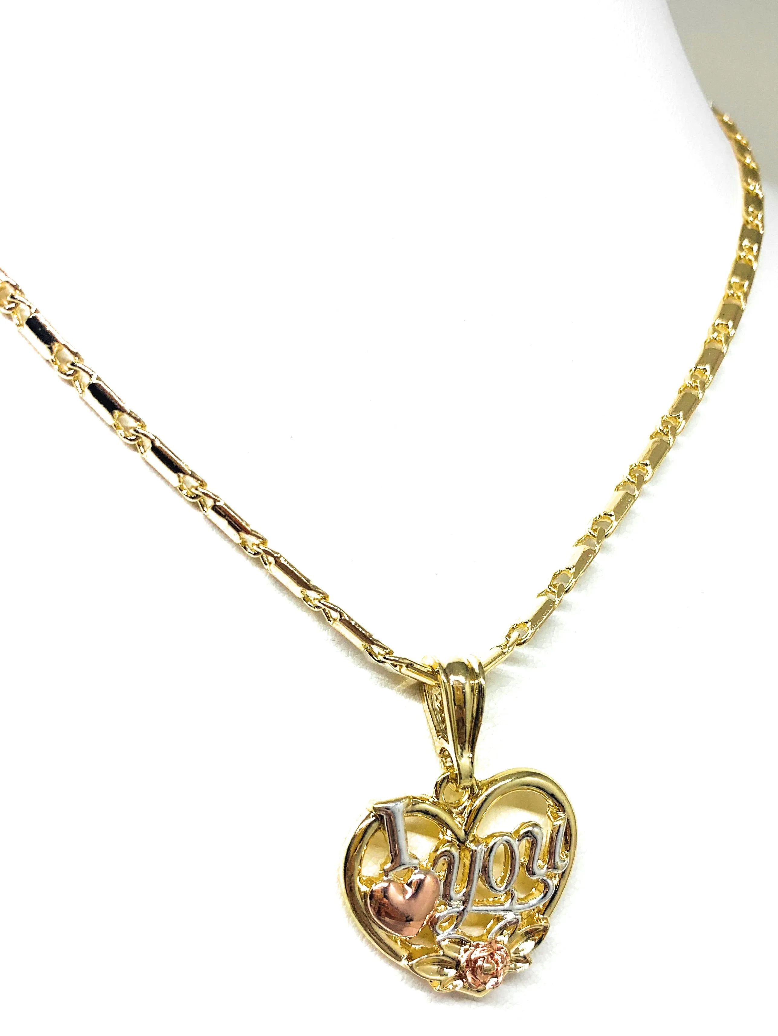 Gold Plated Heart I Love you Rose Pendant Necklace Chain 24” Corazón Medalla