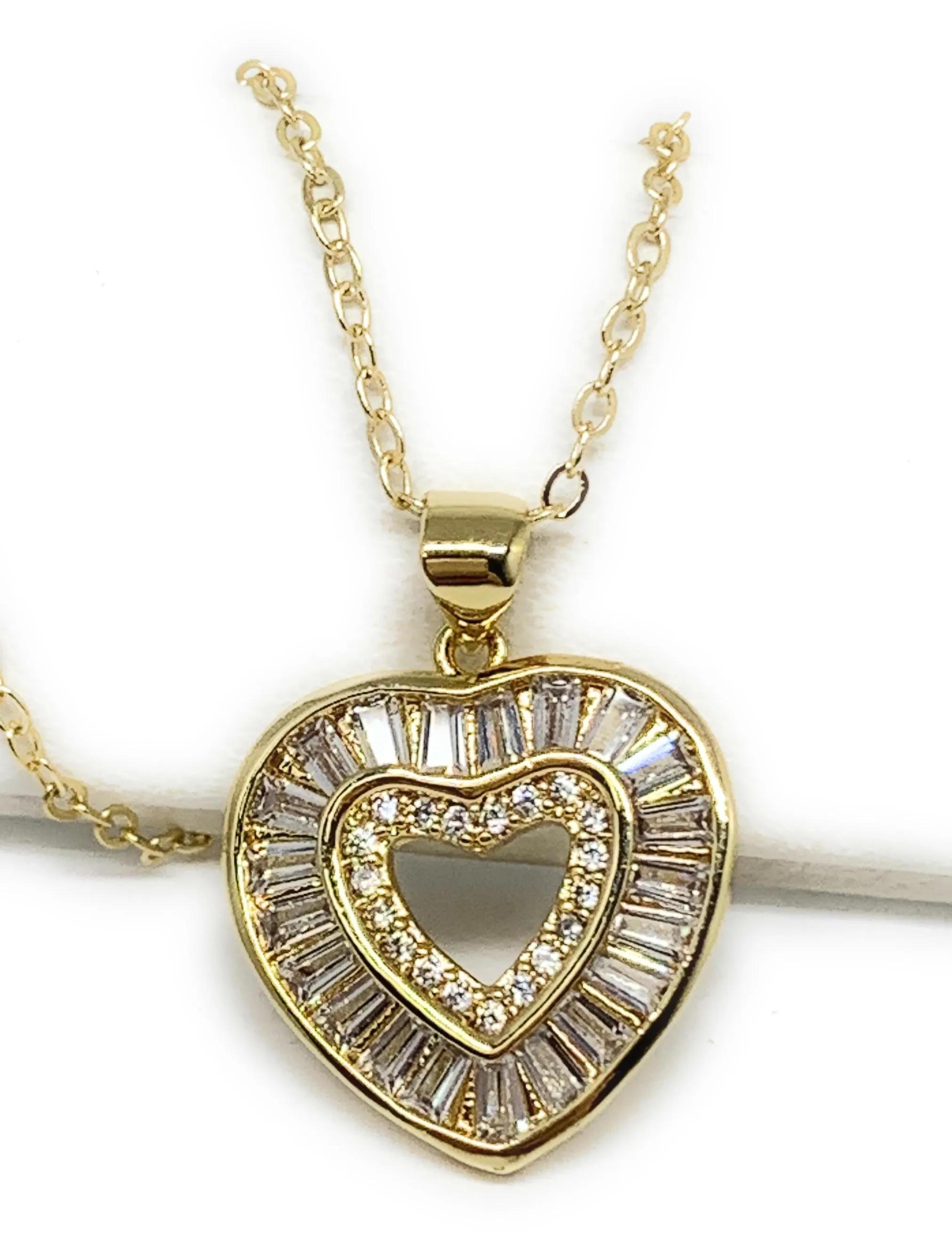 Gold Plated Layered Heart Cubic Zirconia Pendant Necklace Chain 20”