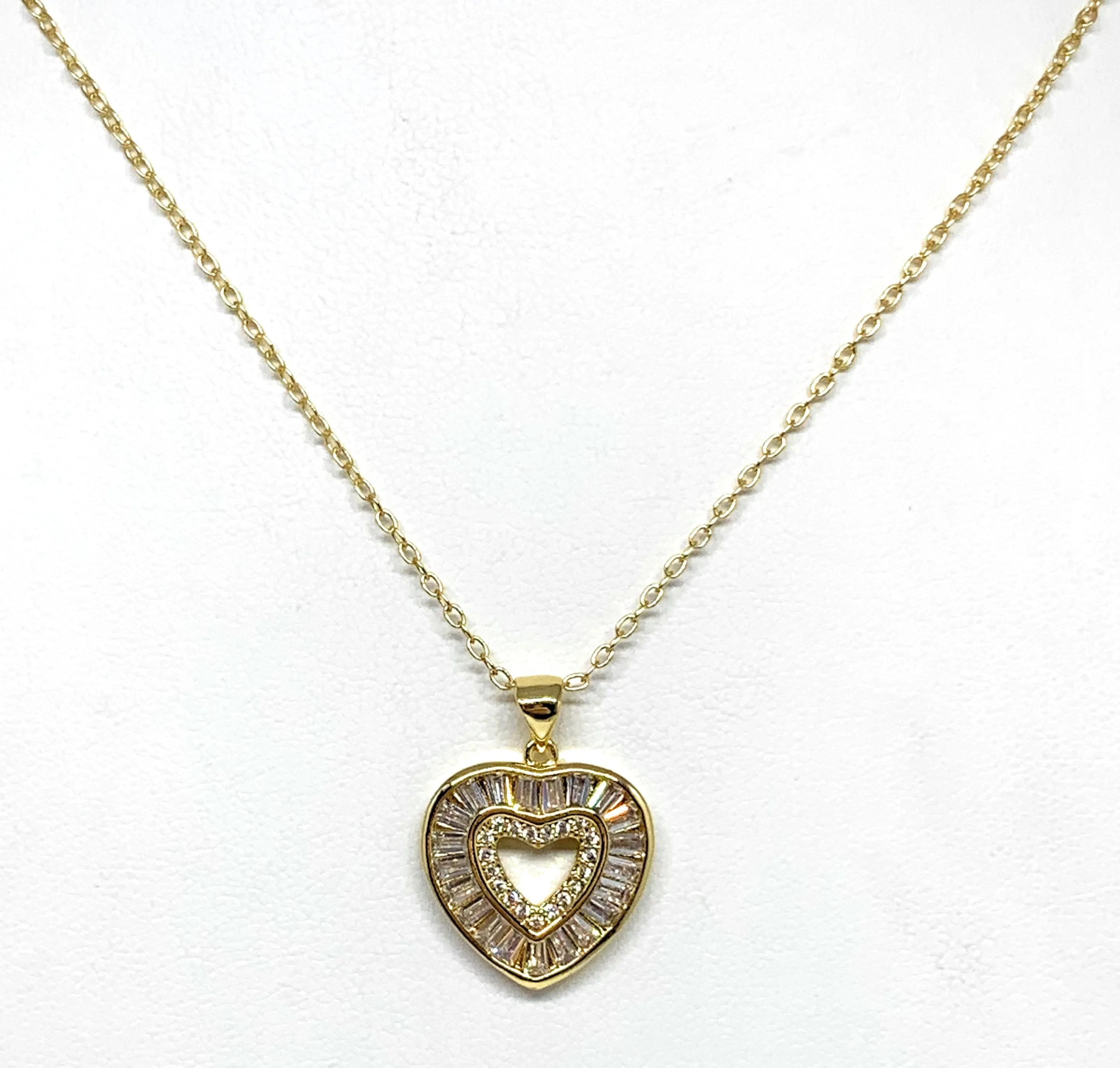 Gold Plated Layered Heart Cubic Zirconia Pendant Necklace Chain 20”