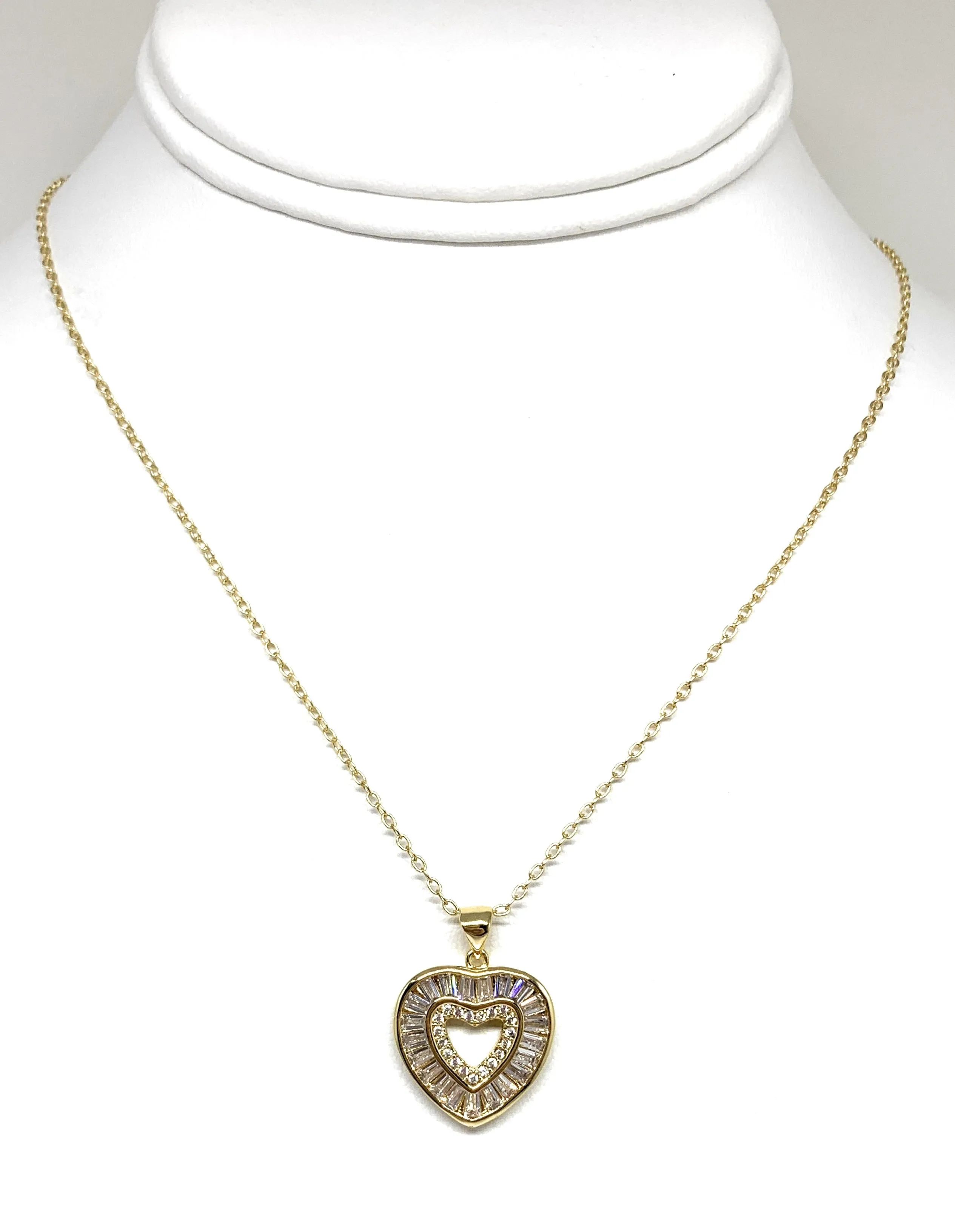 Gold Plated Layered Heart Cubic Zirconia Pendant Necklace Chain 20”