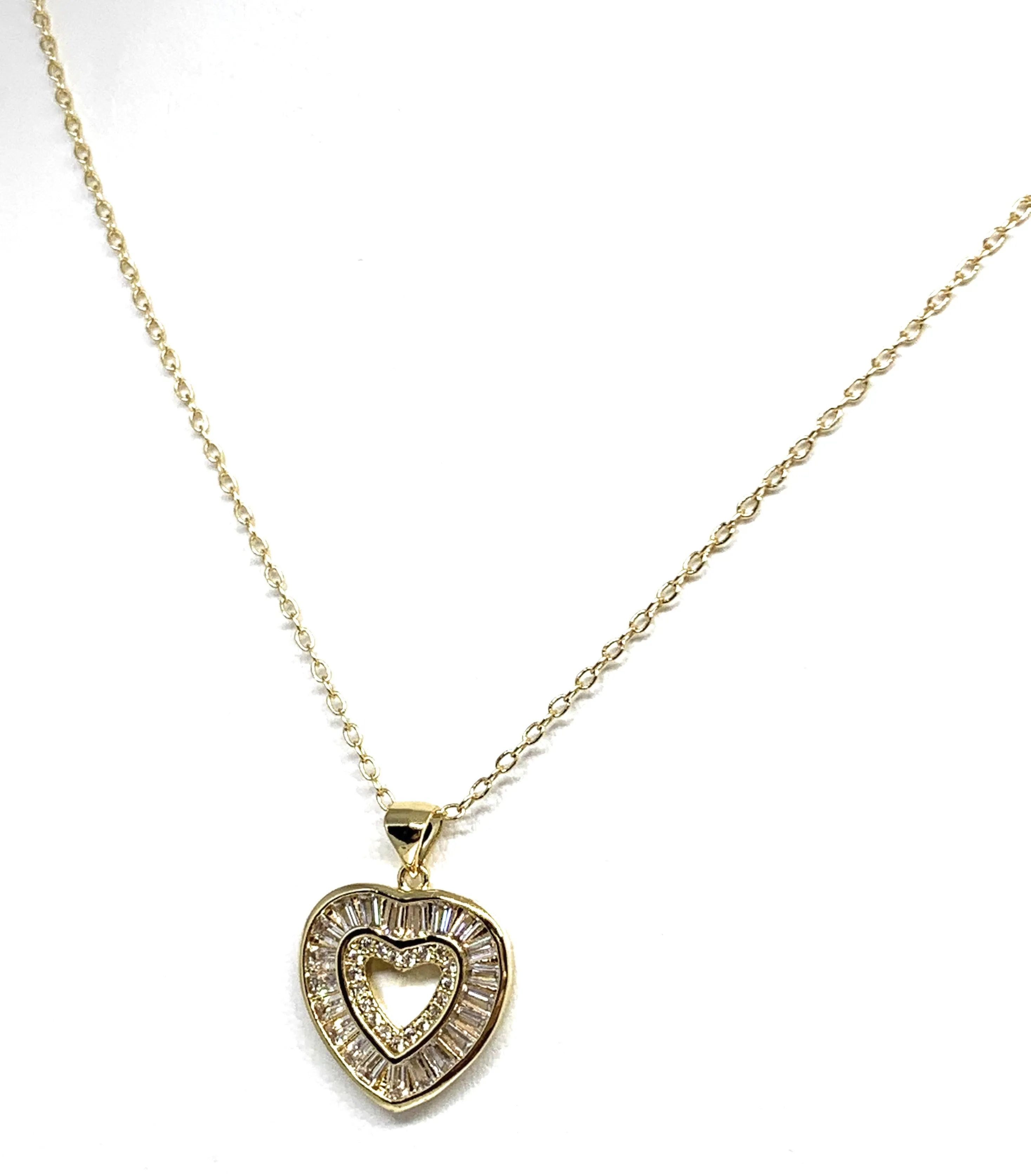 Gold Plated Layered Heart Cubic Zirconia Pendant Necklace Chain 20”