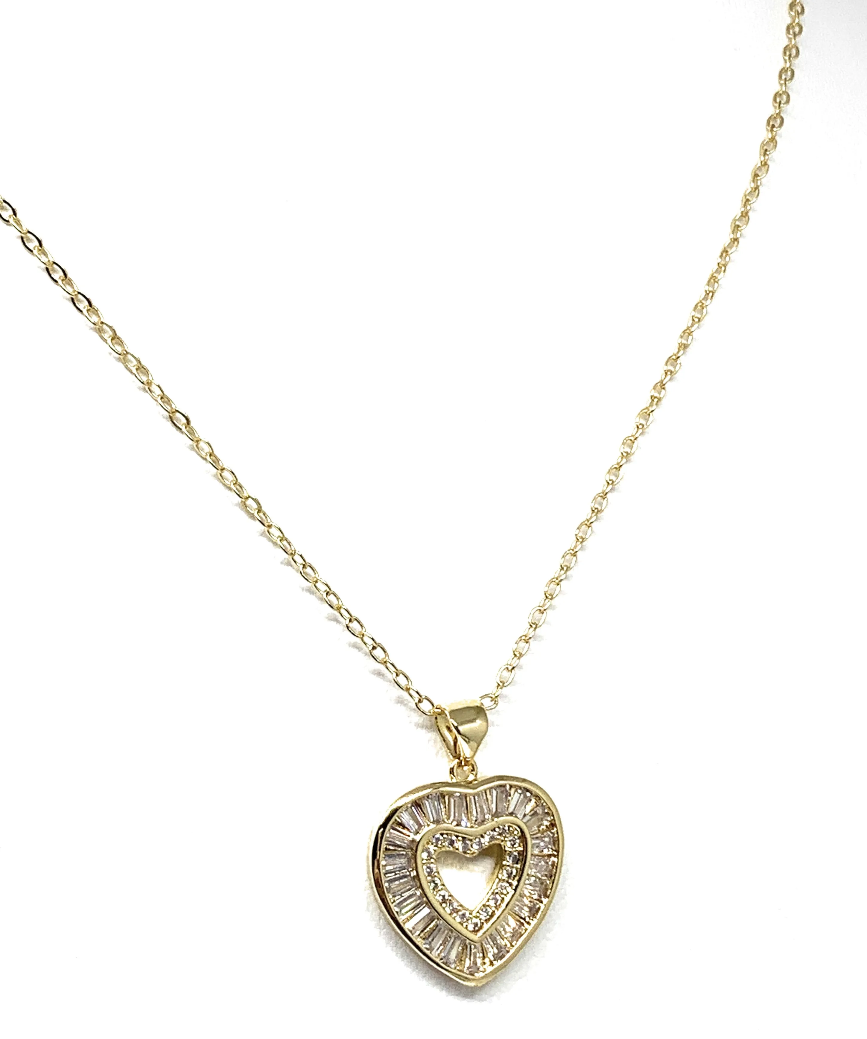 Gold Plated Layered Heart Cubic Zirconia Pendant Necklace Chain 20”