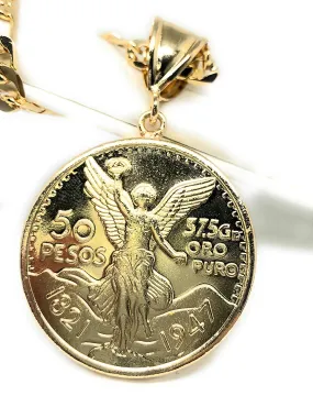 Gold Plated Mexican Coin Centenario Mexicano Moneda 50 Pesos Pendant Chain 26