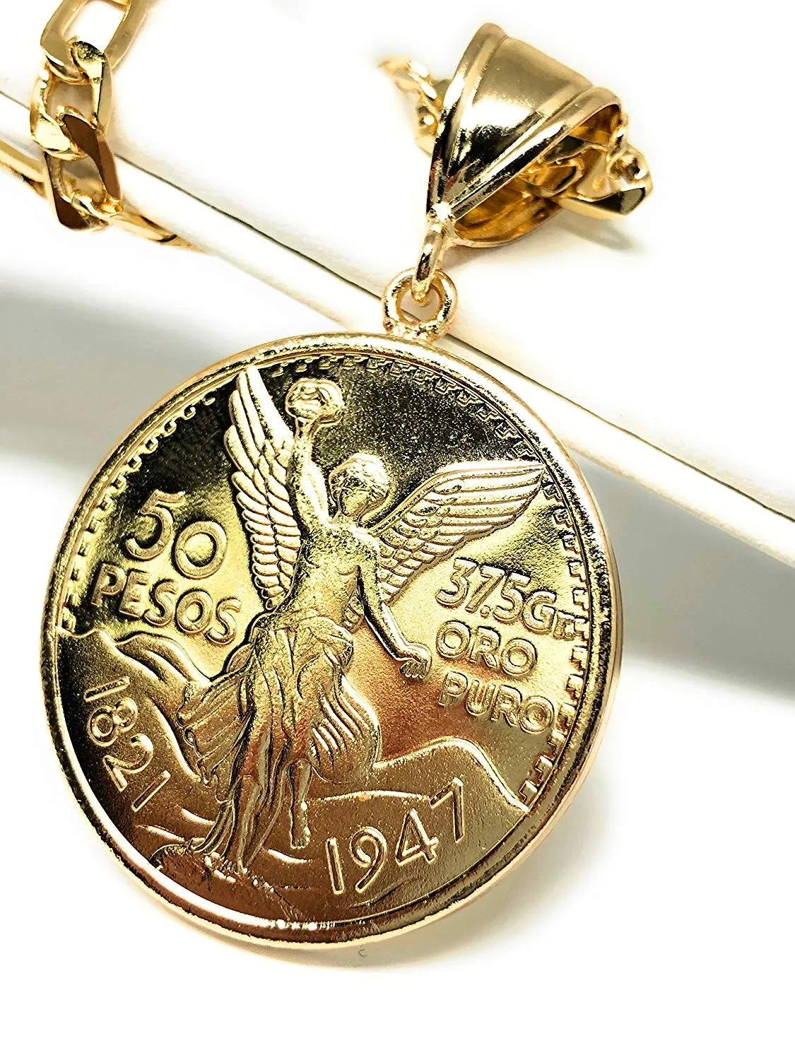 Gold Plated Mexican Coin Centenario Mexicano Moneda 50 Pesos Pendant Chain 26