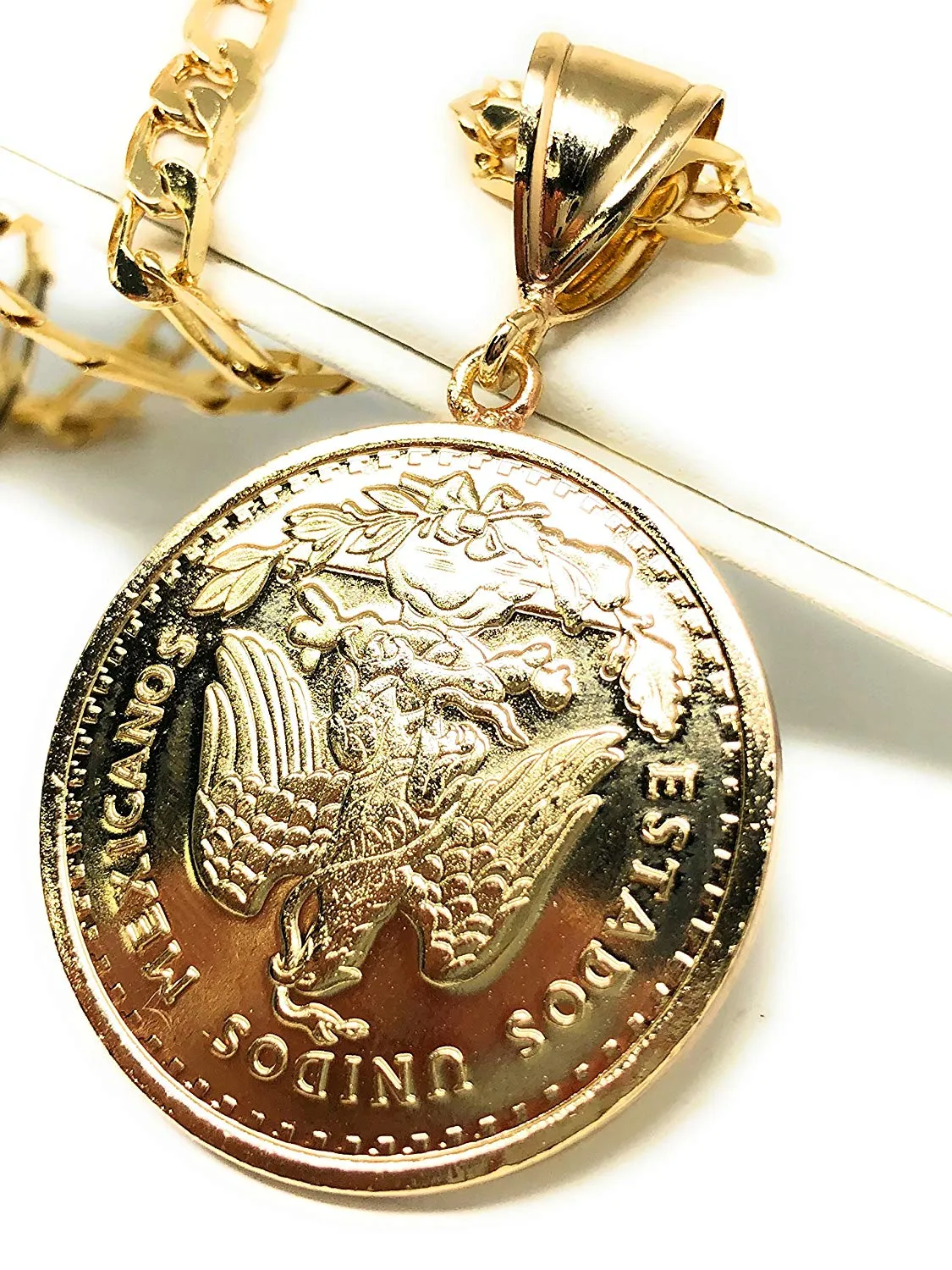 Gold Plated Mexican Coin Centenario Mexicano Moneda 50 Pesos Pendant Chain 26