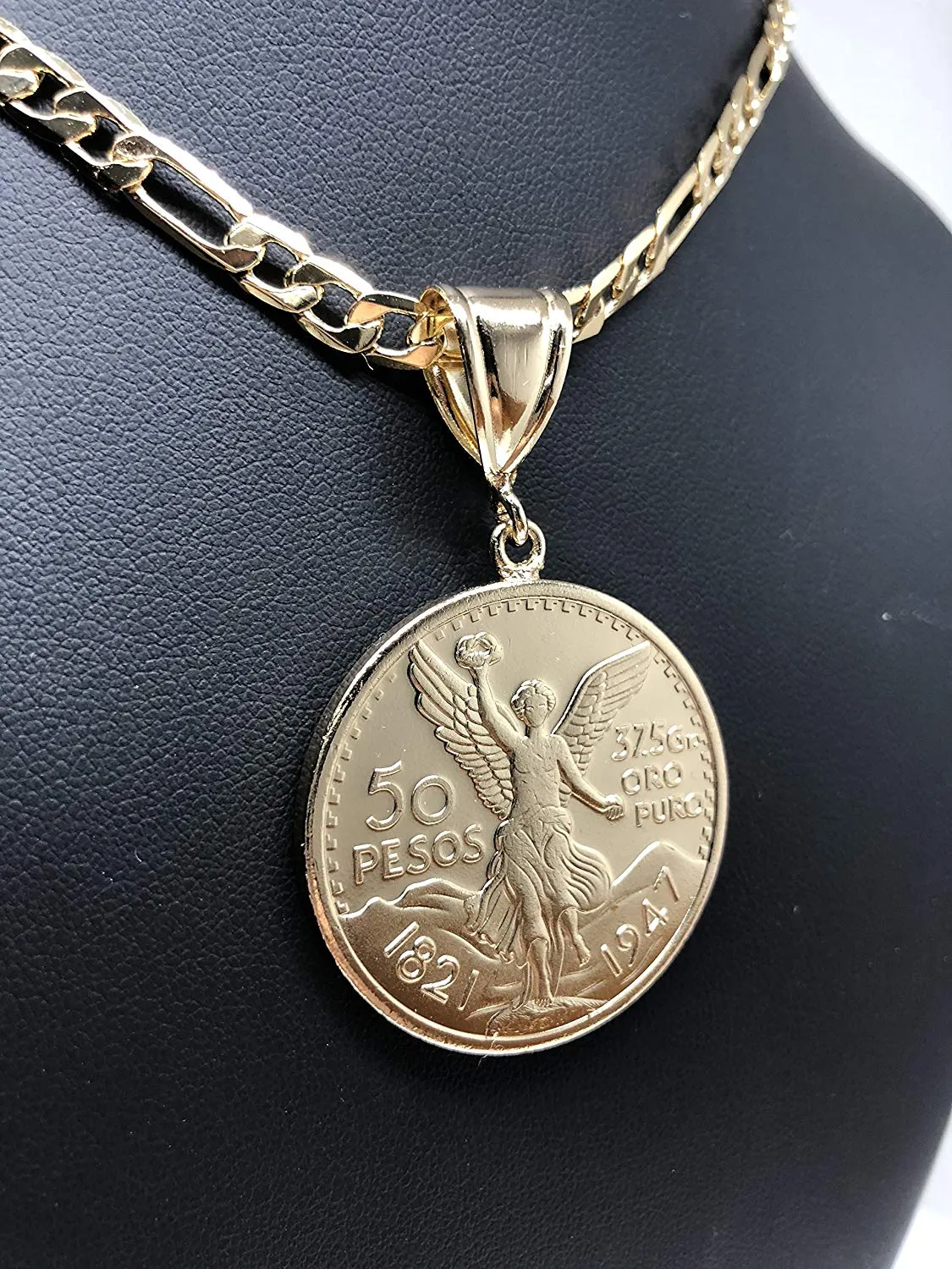 Gold Plated Mexican Coin Centenario Mexicano Moneda 50 Pesos Pendant Chain 26