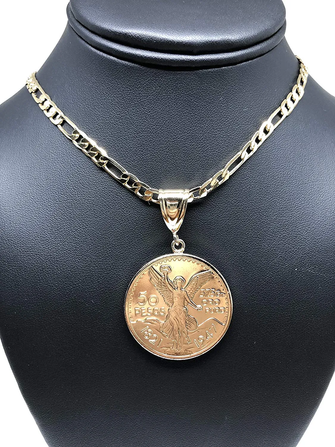 Gold Plated Mexican Coin Centenario Mexicano Moneda 50 Pesos Pendant Chain 26