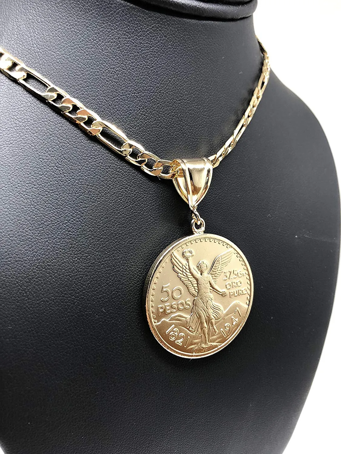 Gold Plated Mexican Coin Centenario Mexicano Moneda 50 Pesos Pendant Chain 26