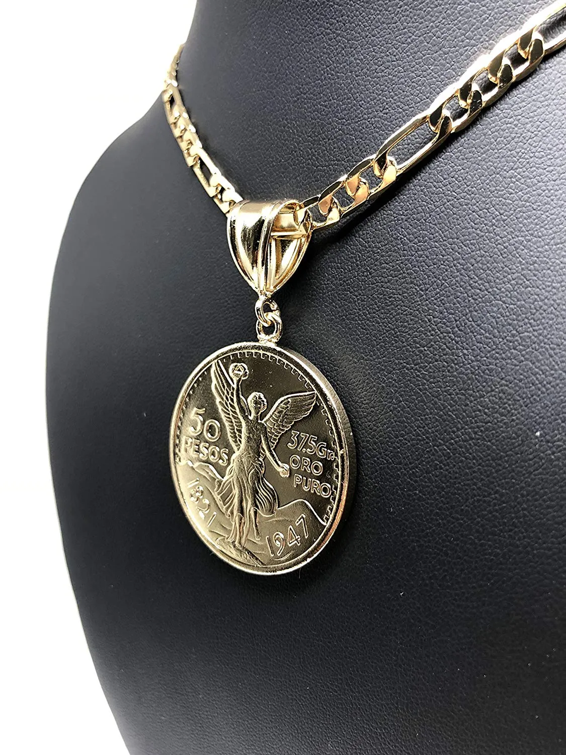 Gold Plated Mexican Coin Centenario Mexicano Moneda 50 Pesos Pendant Chain 26