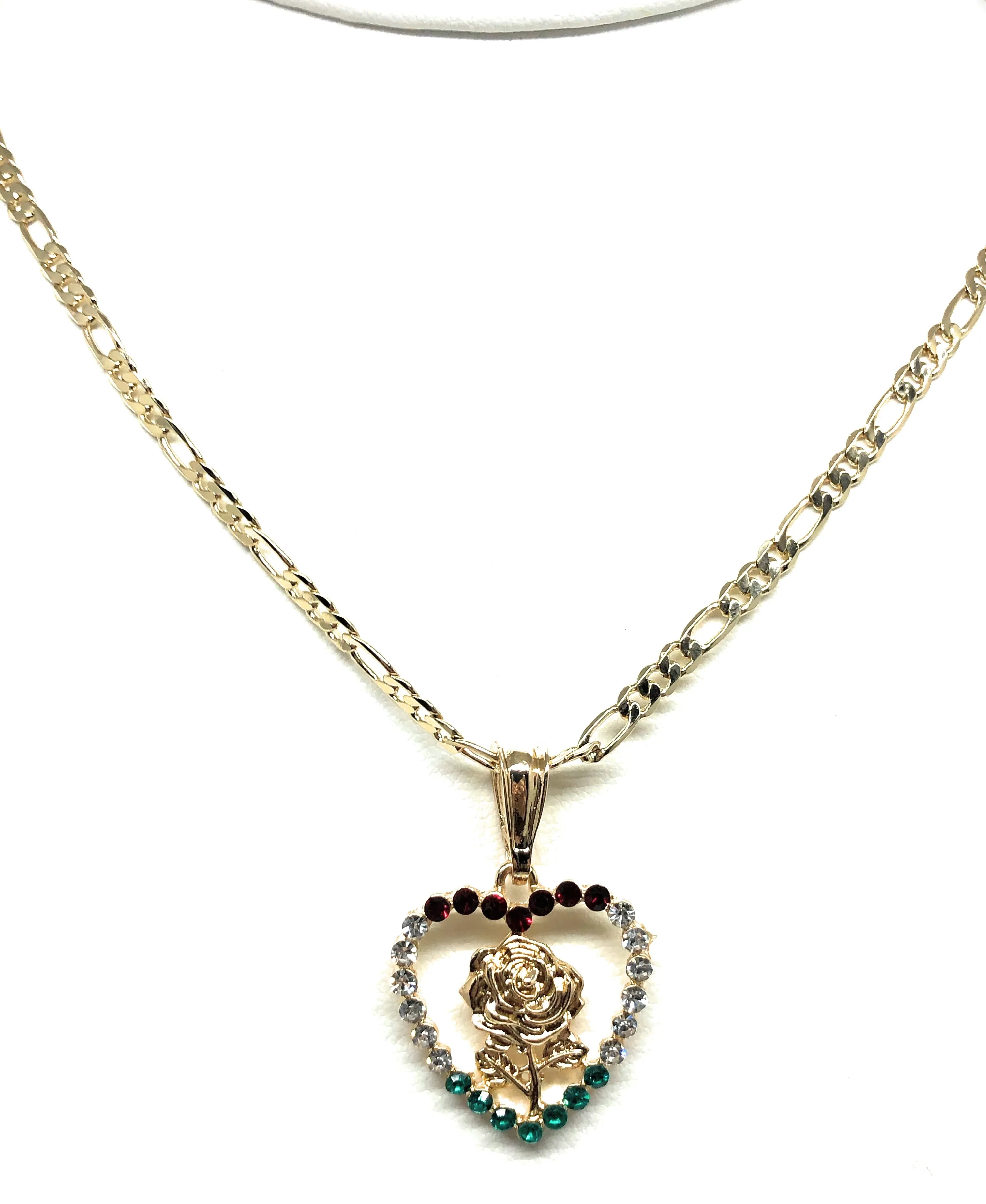 Gold Plated Rose Heart CZ Pendant Necklace Chain 24” Flor Pendant