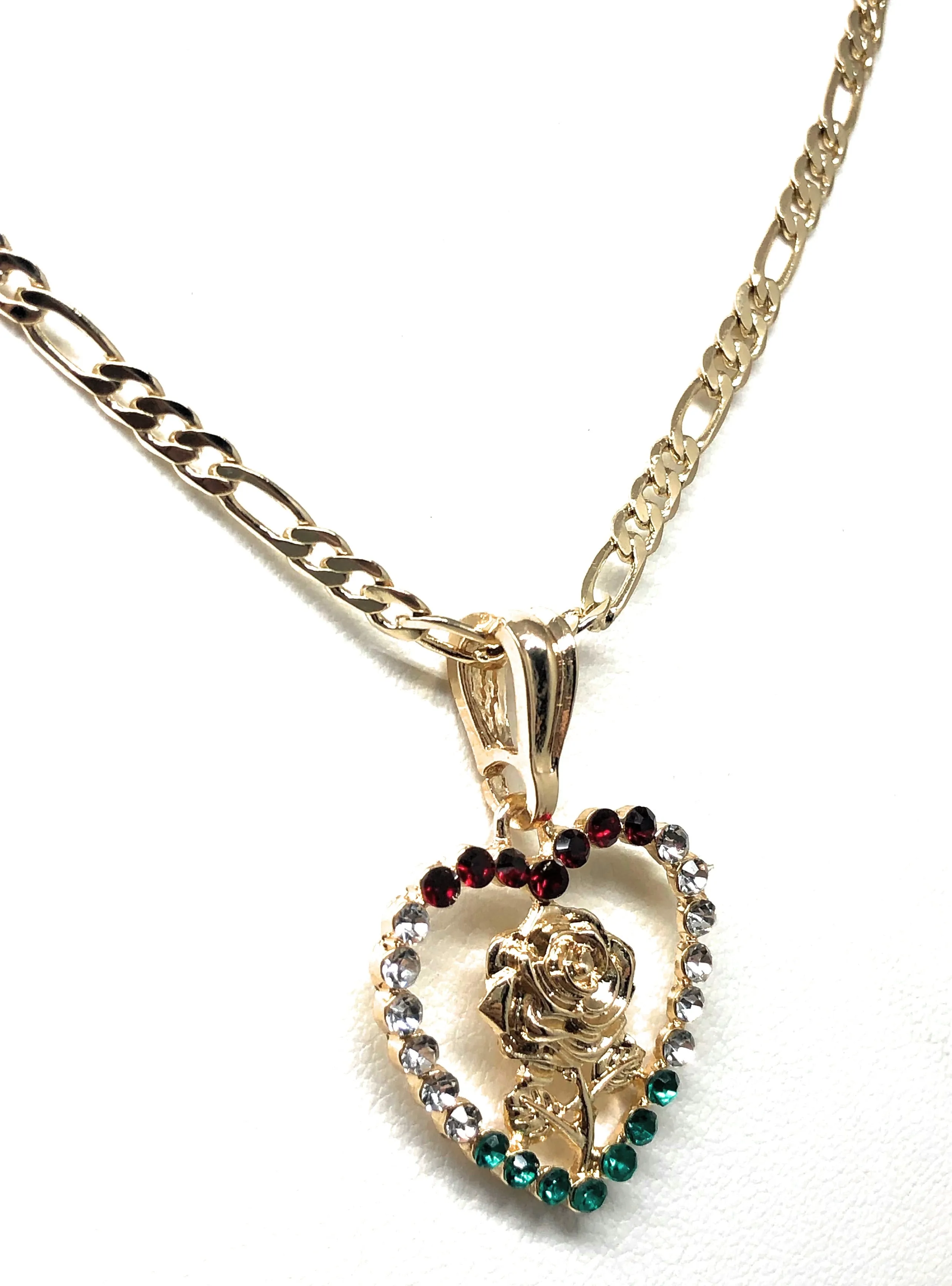 Gold Plated Rose Heart CZ Pendant Necklace Chain 24” Flor Pendant