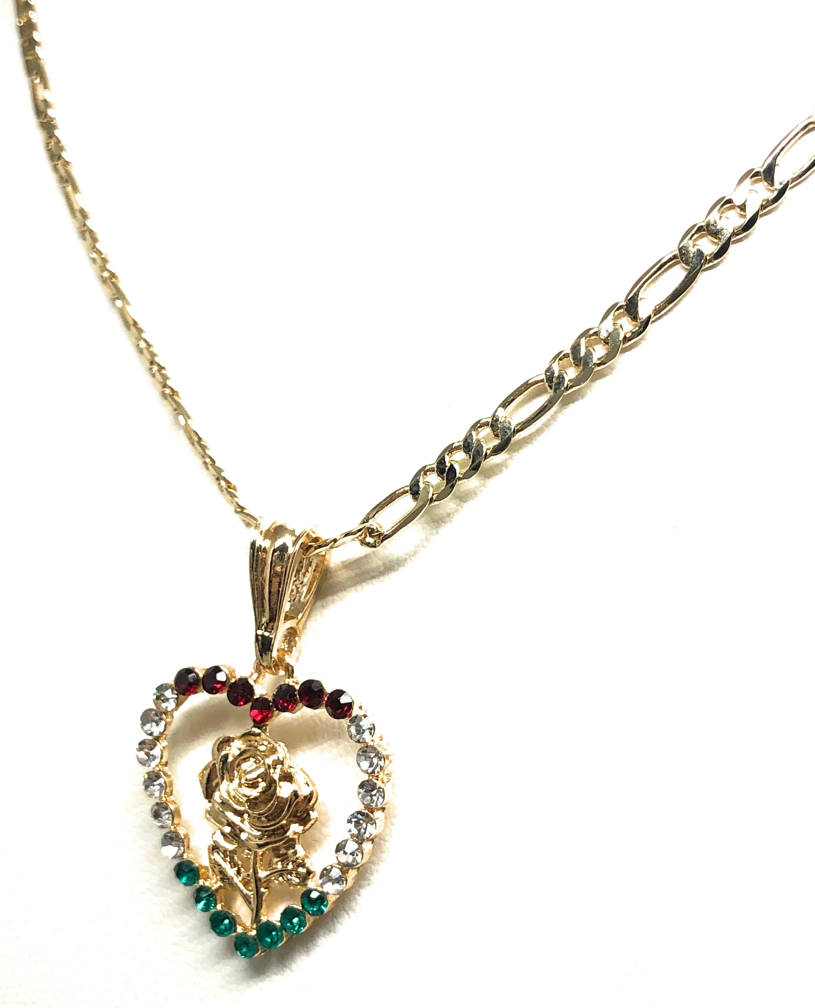 Gold Plated Rose Heart CZ Pendant Necklace Chain 24” Flor Pendant