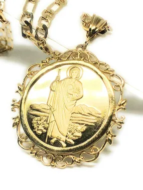 Gold Plated Saint Jude Pendant Necklace Figaro 26 San Judas Tadeo Virgen Centenario Medalla Oro Laminado