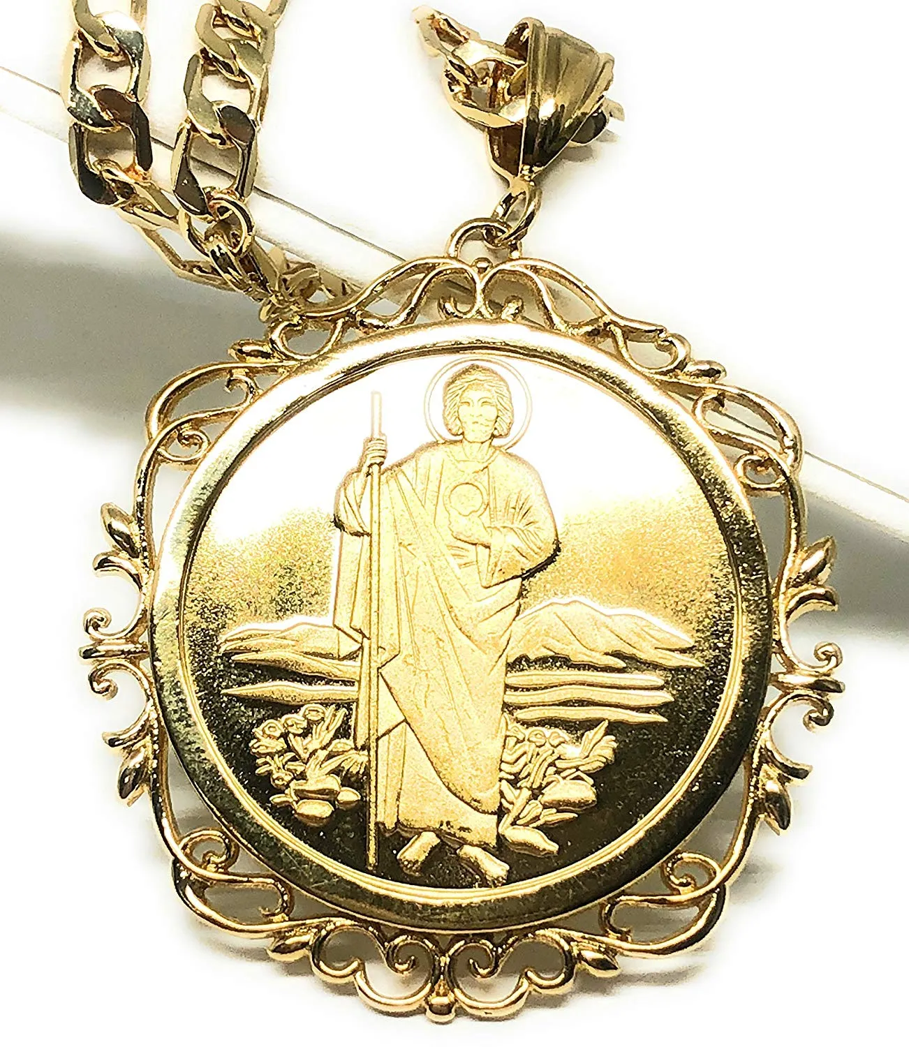 Gold Plated Saint Jude Pendant Necklace Figaro 26 San Judas Tadeo Virgen Centenario Medalla Oro Laminado